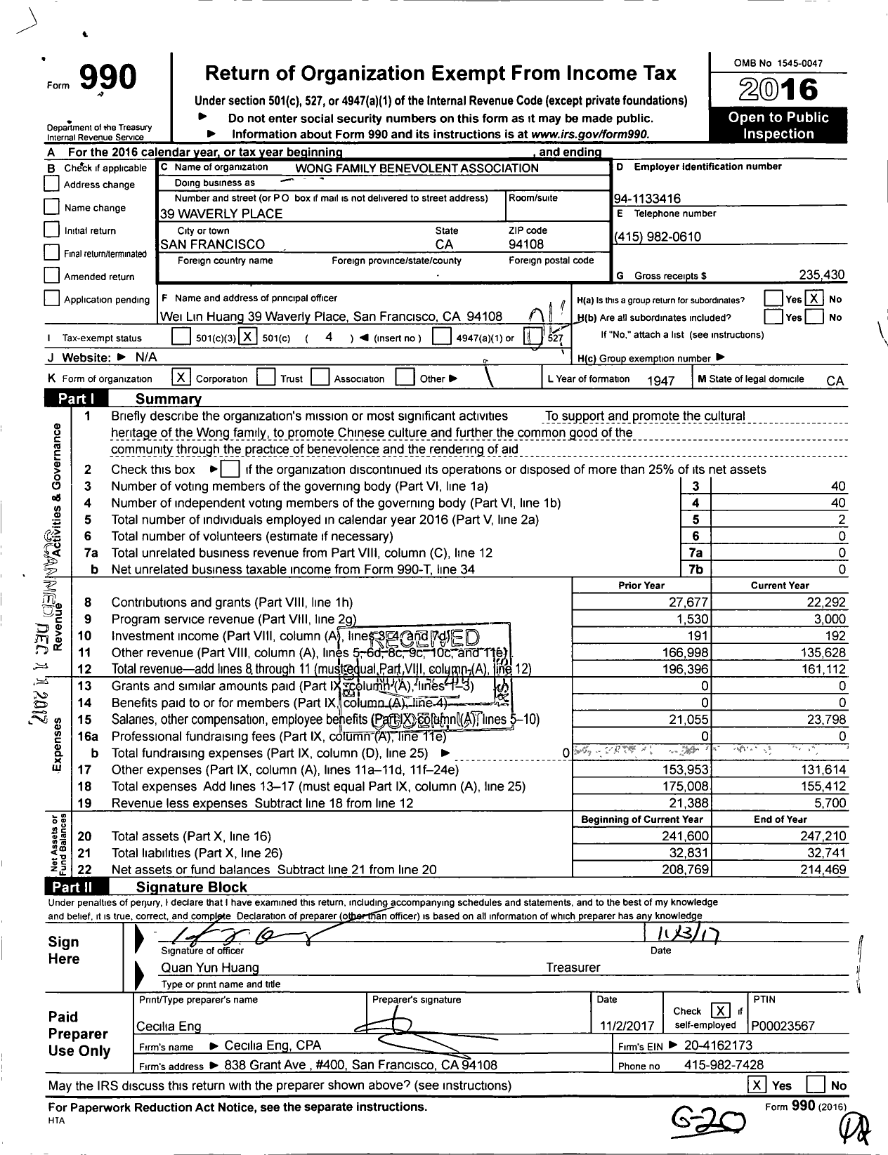 Image of first page of 2016 Form 990O for Wong Family Benevolent Association