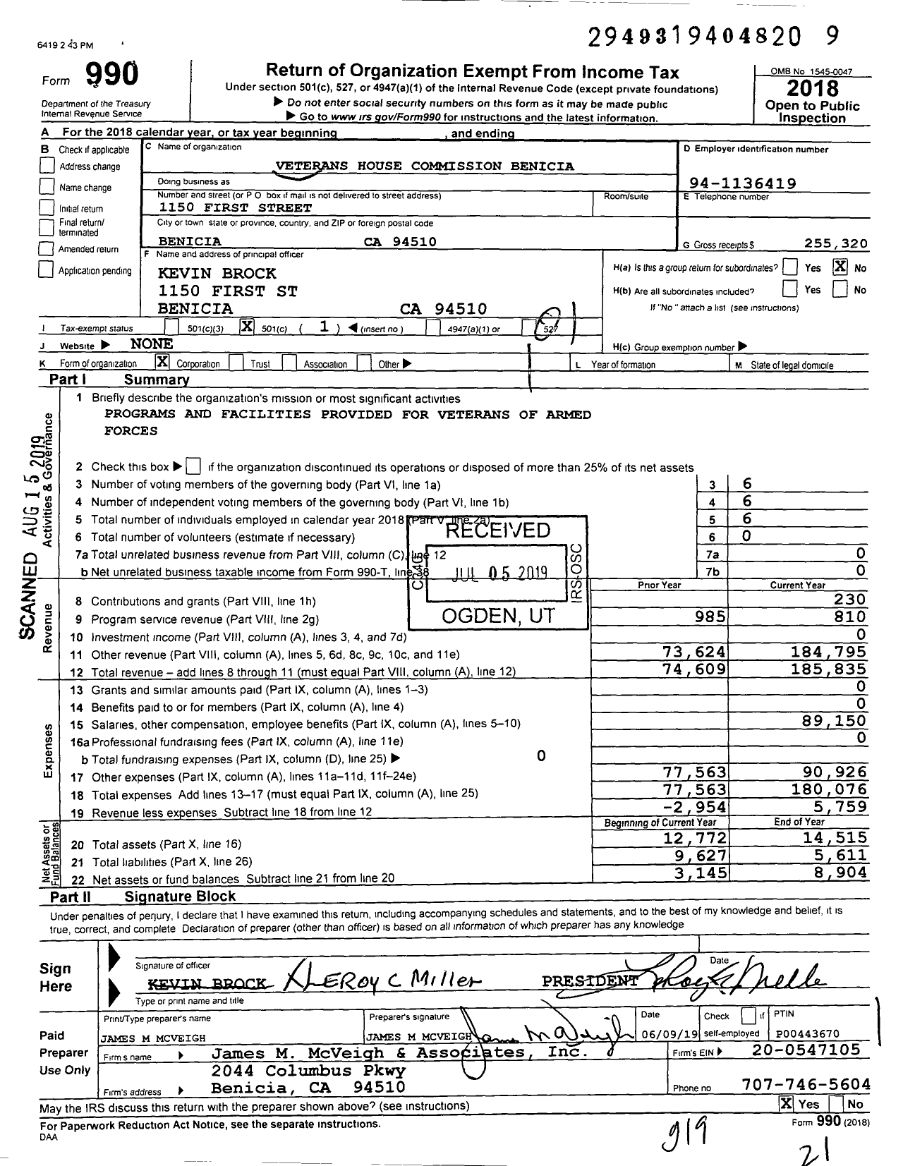 Image of first page of 2018 Form 990O for Veterans House Commission Benicia