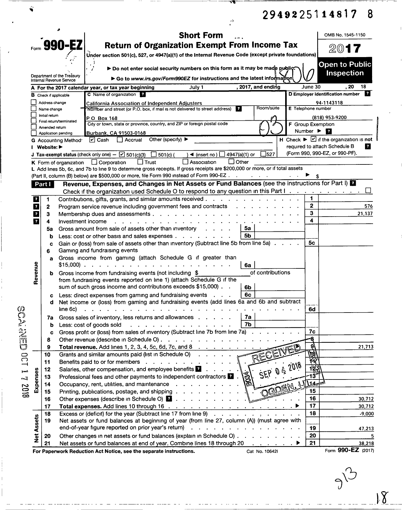 Image of first page of 2017 Form 990EZ for California Association of Independent Insurance Adjusters in