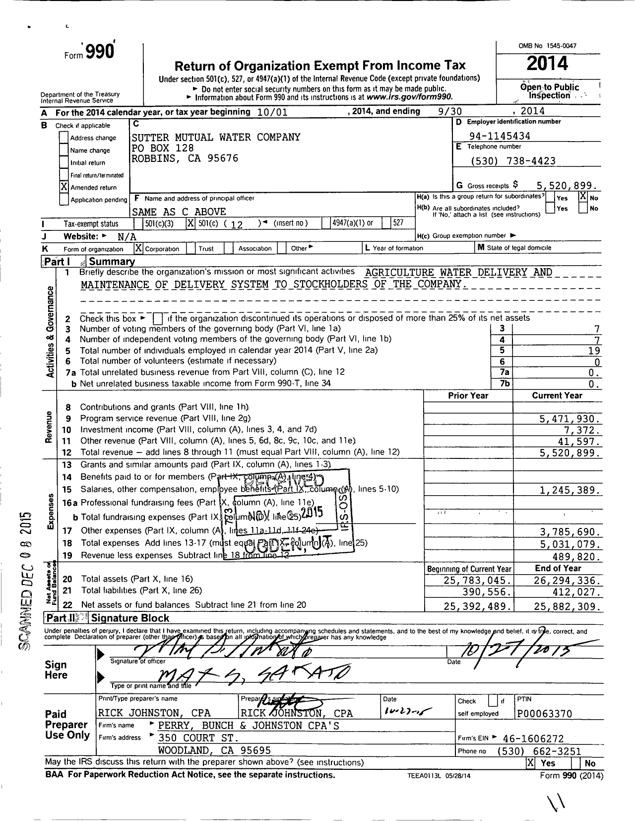 Image of first page of 2013 Form 990O for Sutter Mutual Water Company