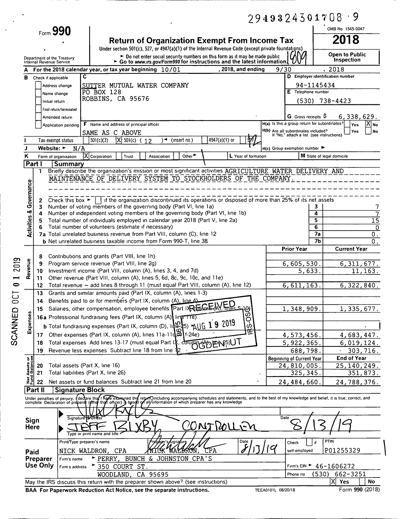 Image of first page of 2017 Form 990O for Sutter Mutual Water Company