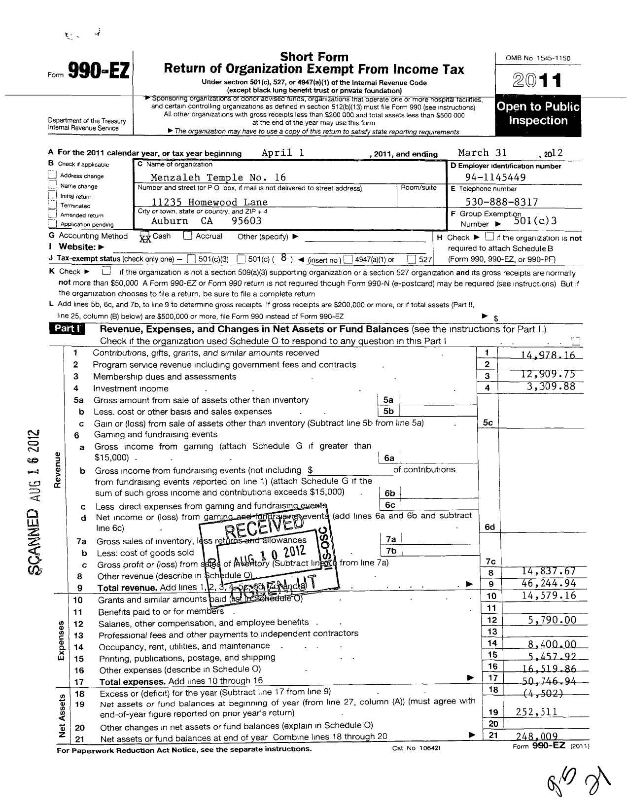 Image of first page of 2011 Form 990EO for Daughters of the Nile - 16 Menzaleh