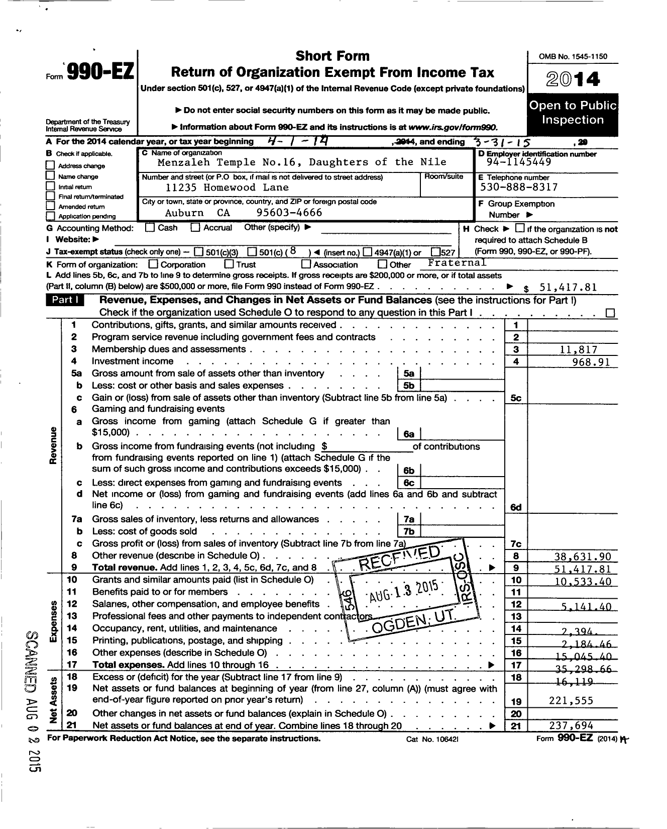 Image of first page of 2014 Form 990EO for Daughters of the Nile - 16 Menzaleh