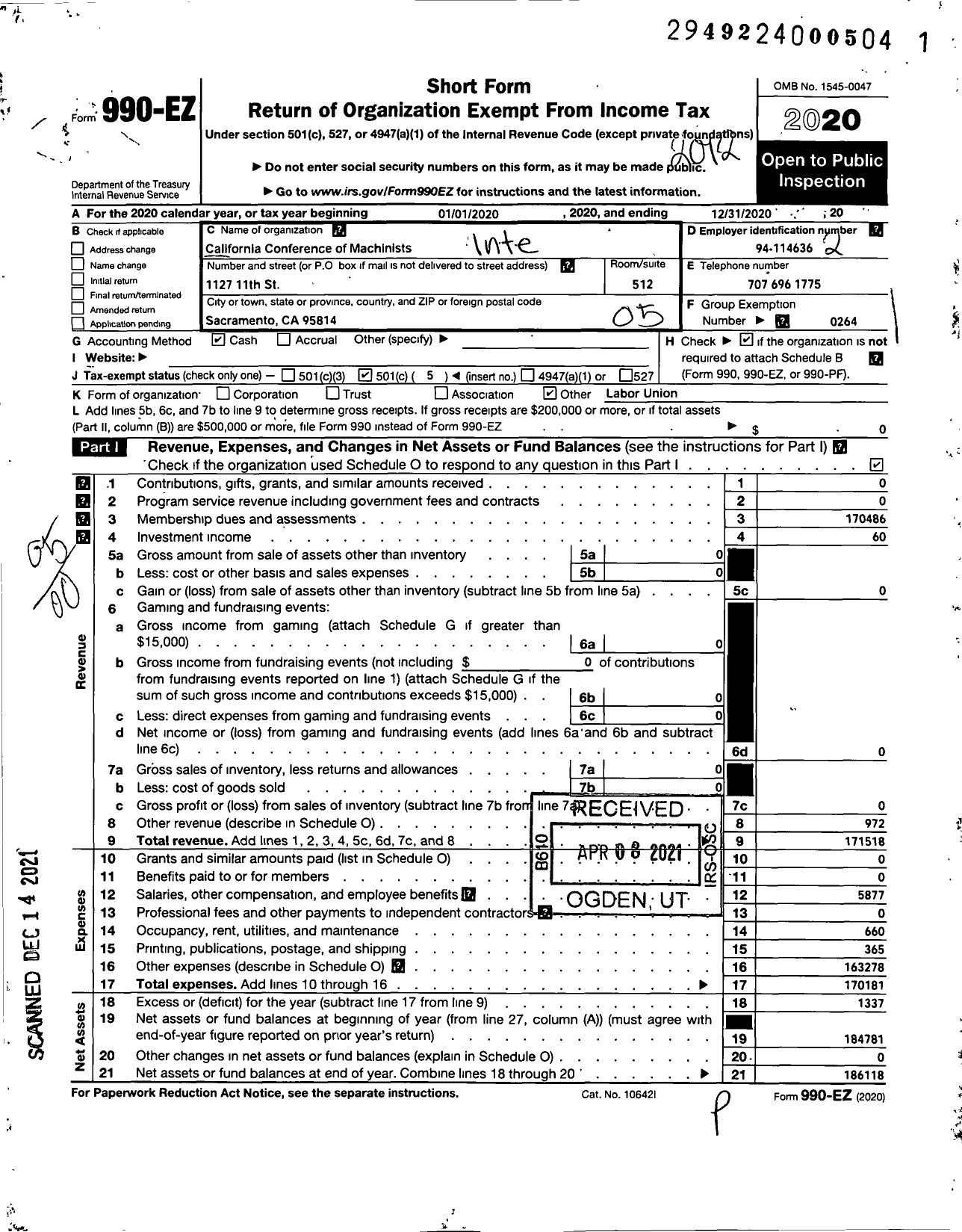 Image of first page of 2020 Form 990EO for International Association of Machinists and Aerospace Workers - Calif Conference of Machinists