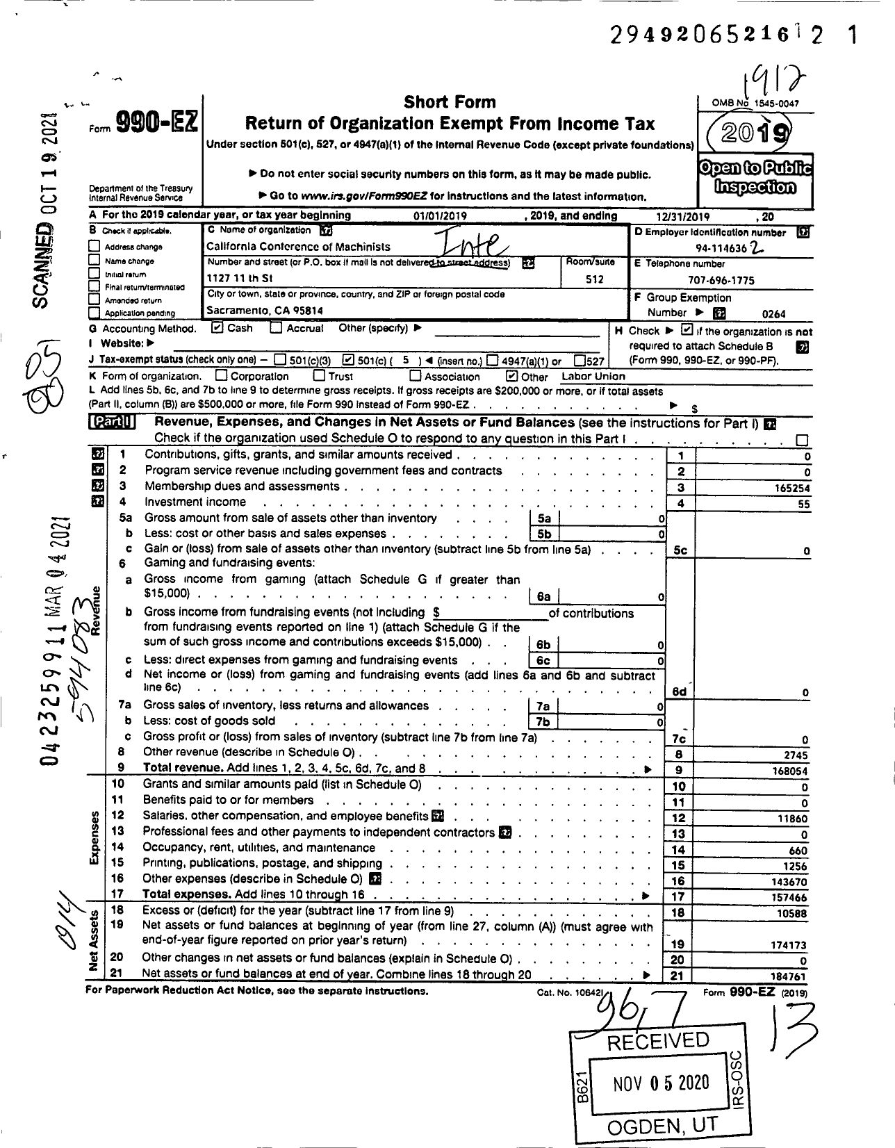 Image of first page of 2019 Form 990EO for International Association of Machinists and Aerospace Workers - Calif Conference of Machinists