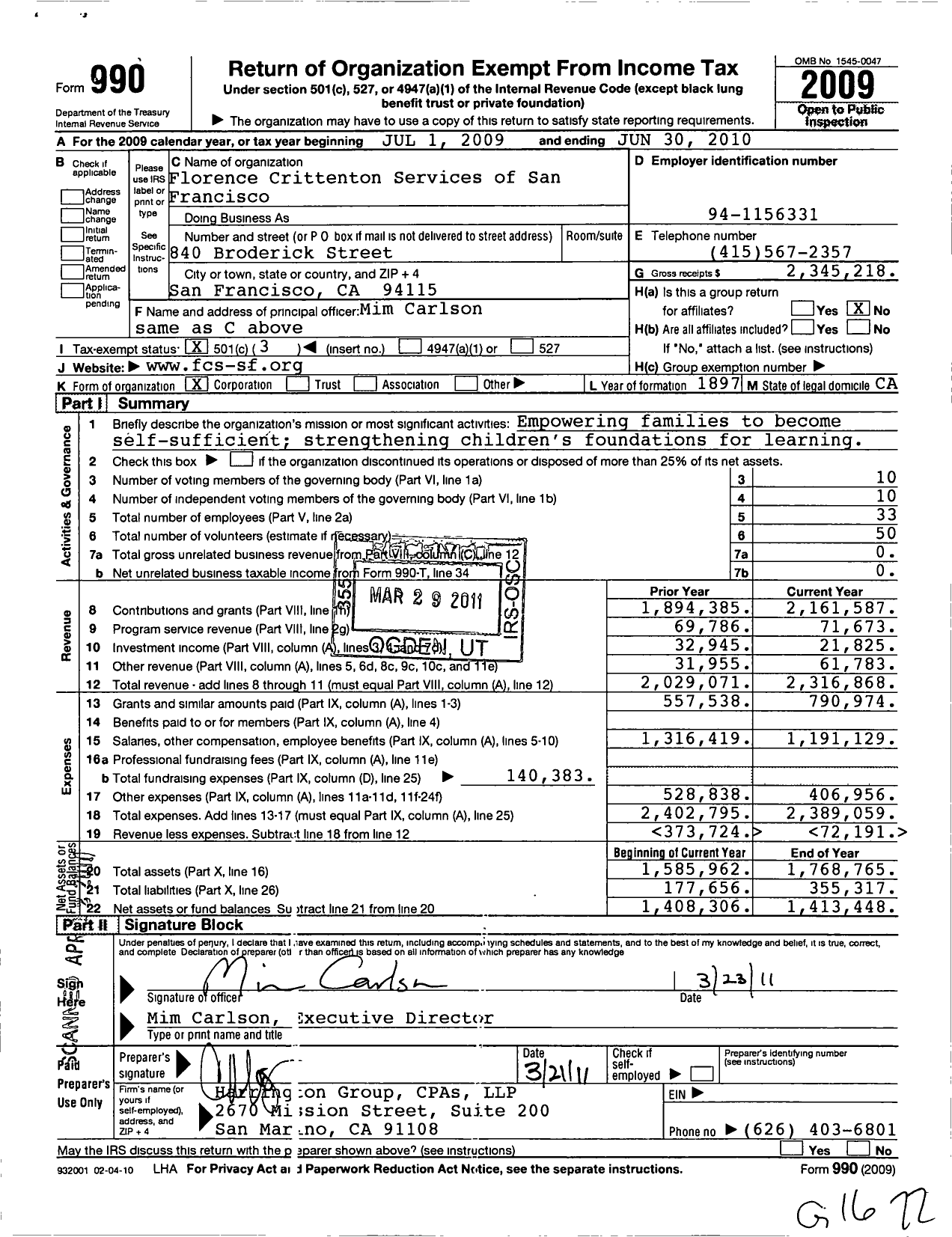 Image of first page of 2009 Form 990 for Florence Crittenton Services of San Francisco