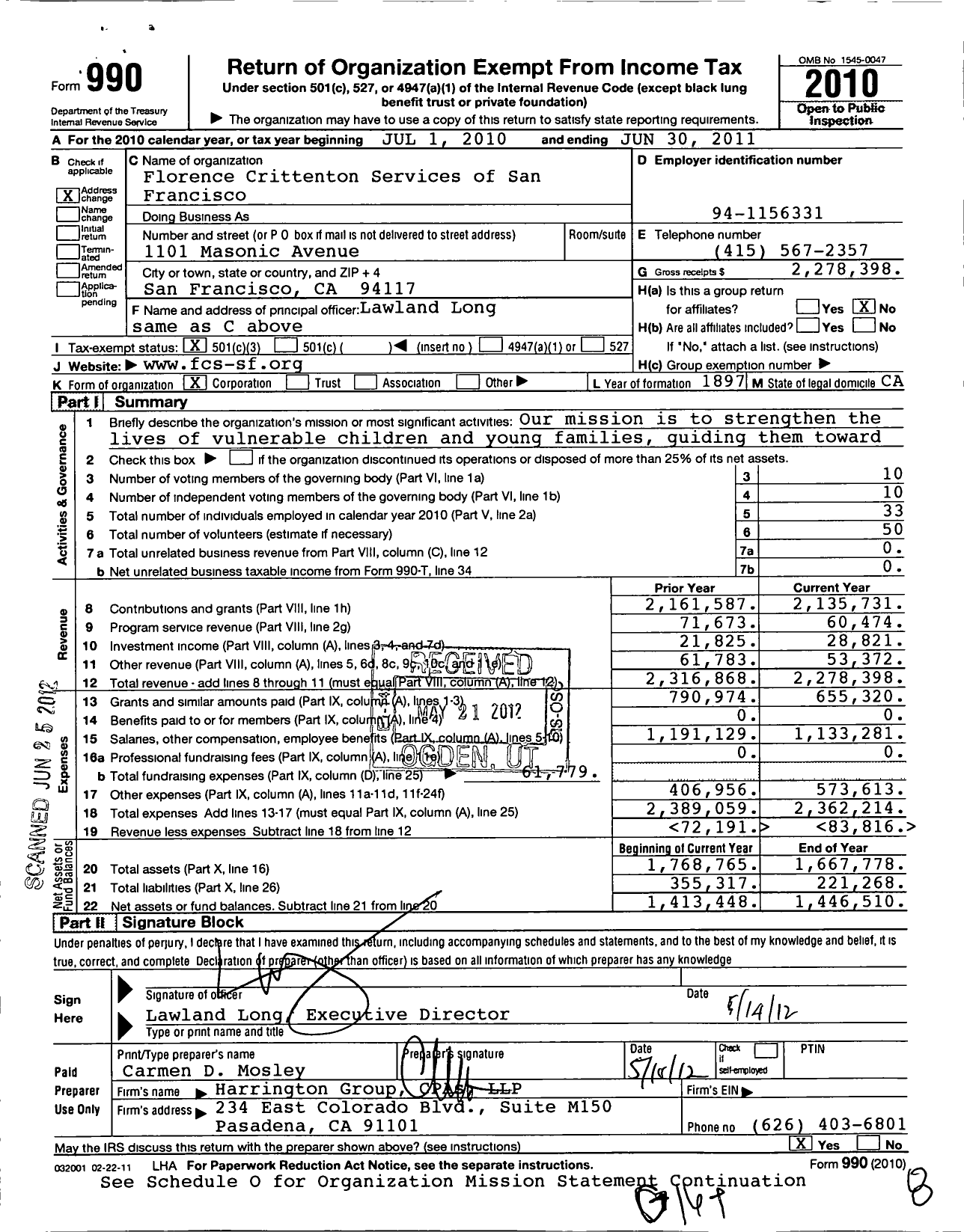 Image of first page of 2010 Form 990 for Florence Crittenton Services of San Francisco