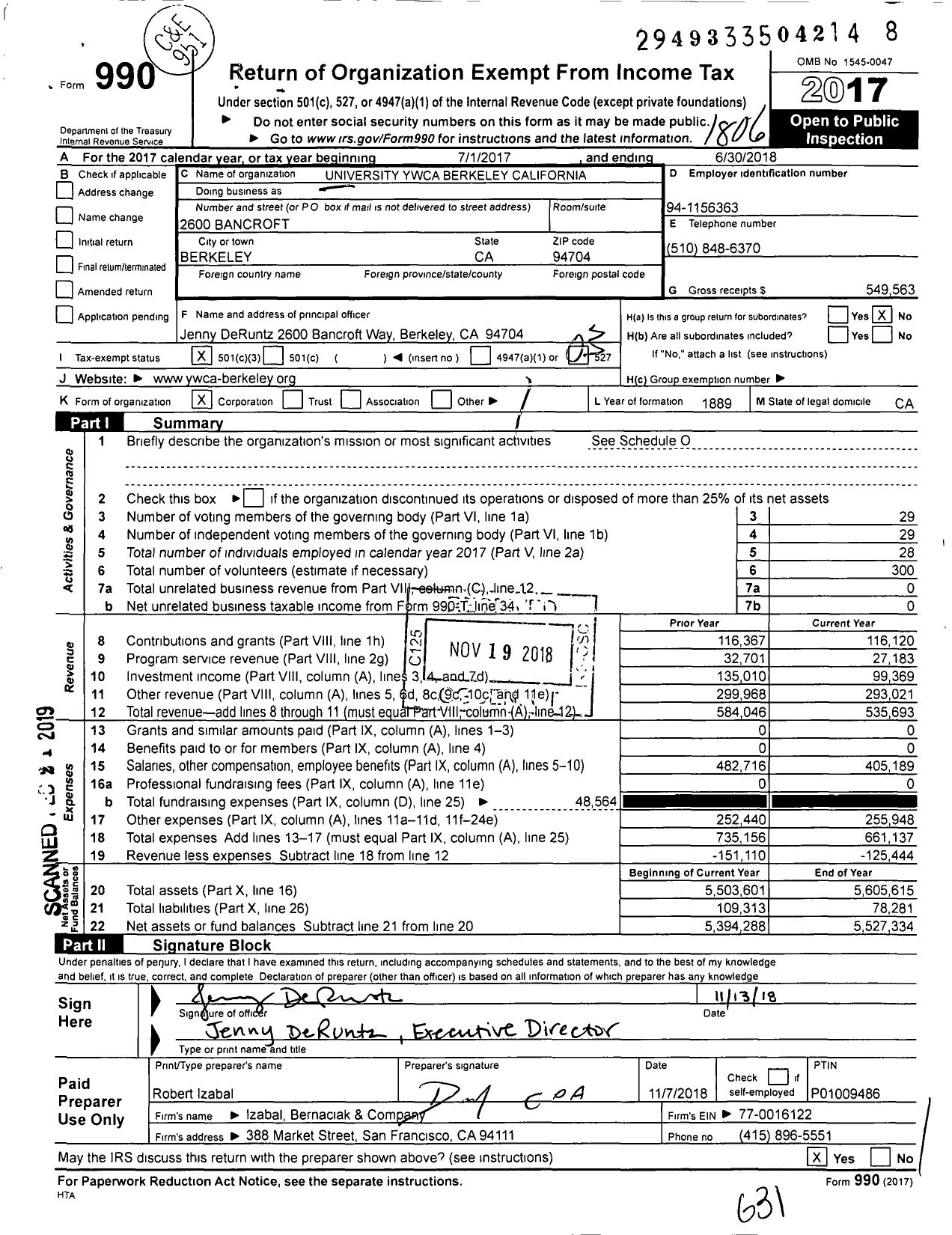 Image of first page of 2017 Form 990 for YWCA BerkeleyOakland