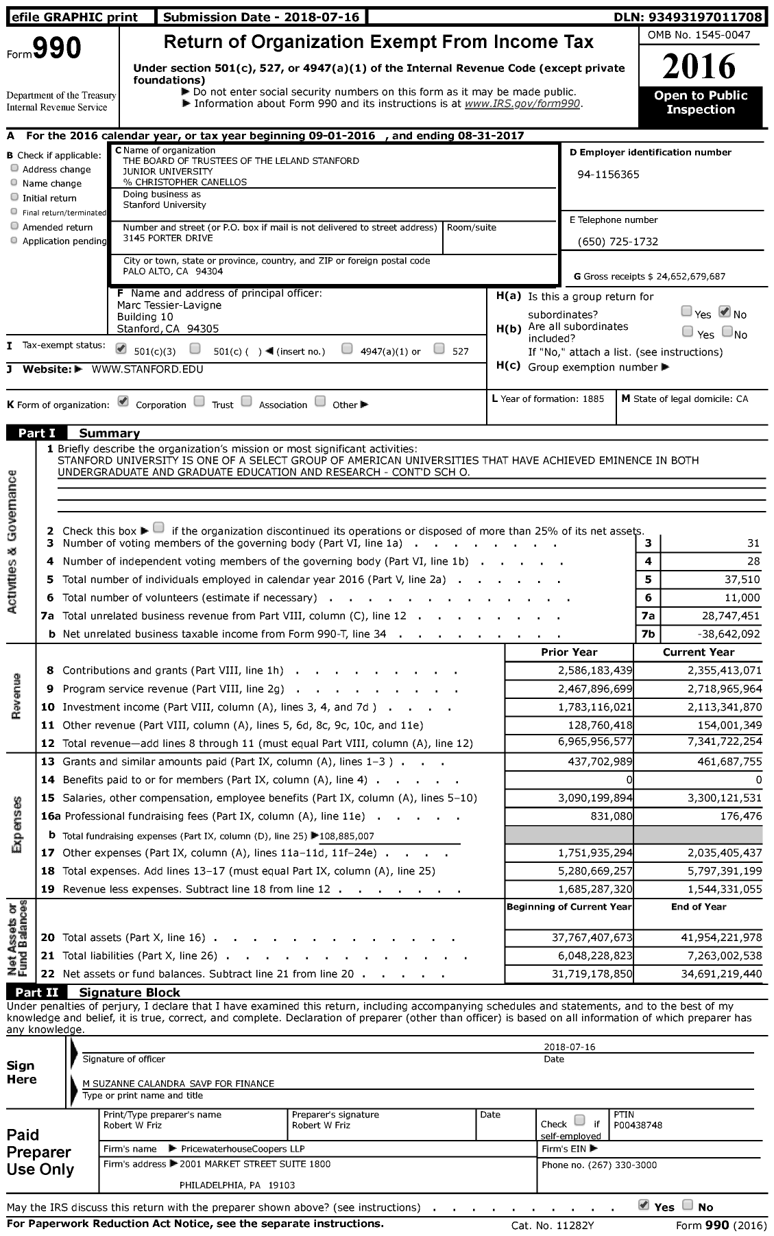 Image of first page of 2016 Form 990 for Stanford University / The Board of Trustees of the Leland Stanford Junior University