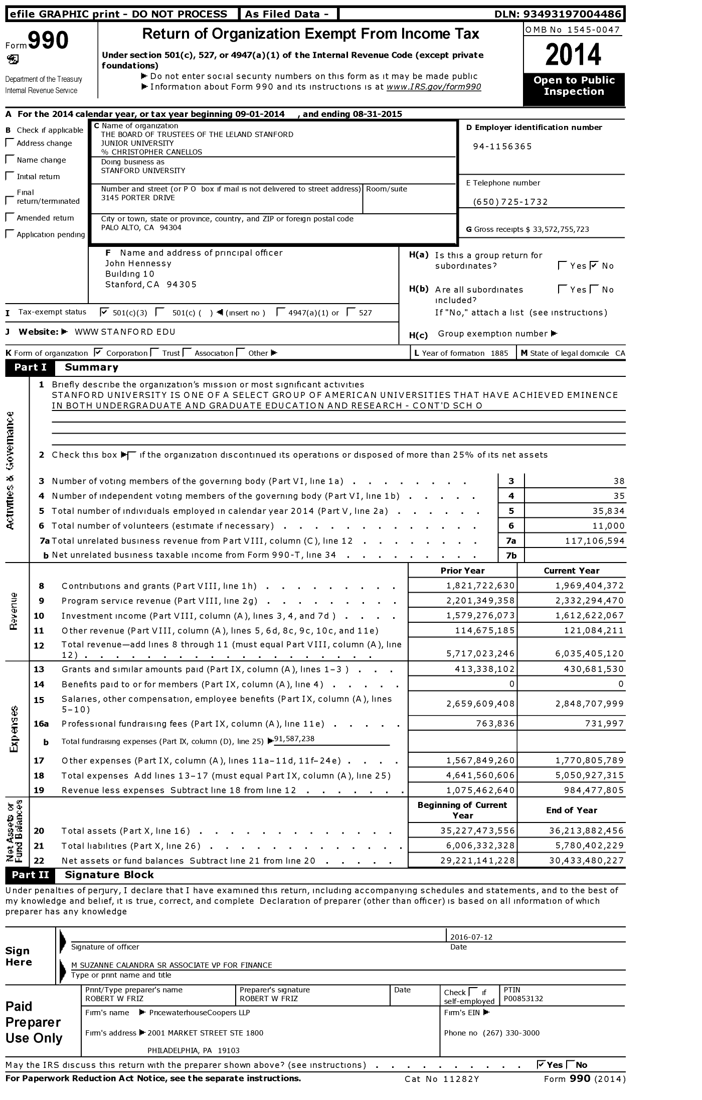 Image of first page of 2014 Form 990 for Stanford University / The Board of Trustees of the Leland Stanford Junior University