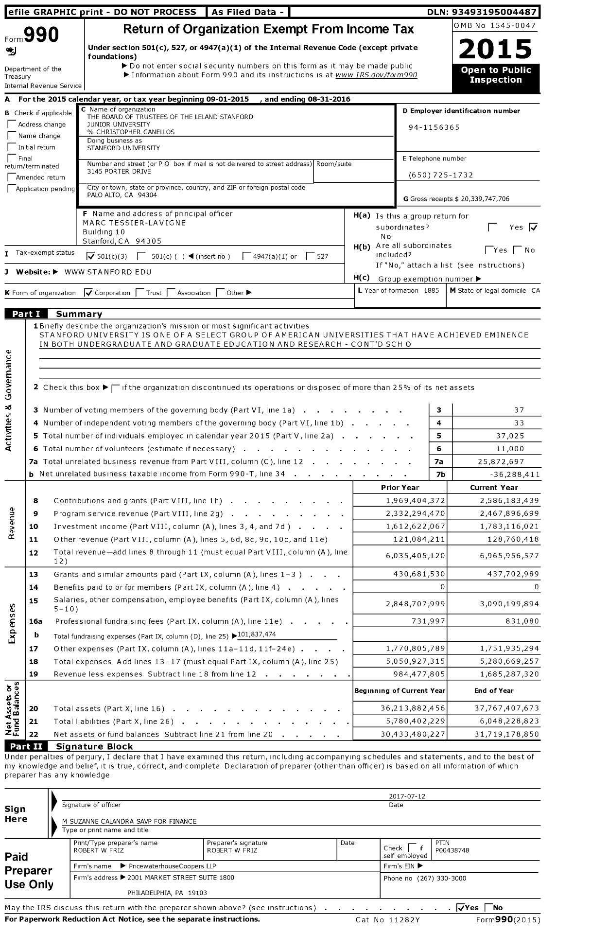 Image of first page of 2015 Form 990 for Stanford University / The Board of Trustees of the Leland Stanford Junior University