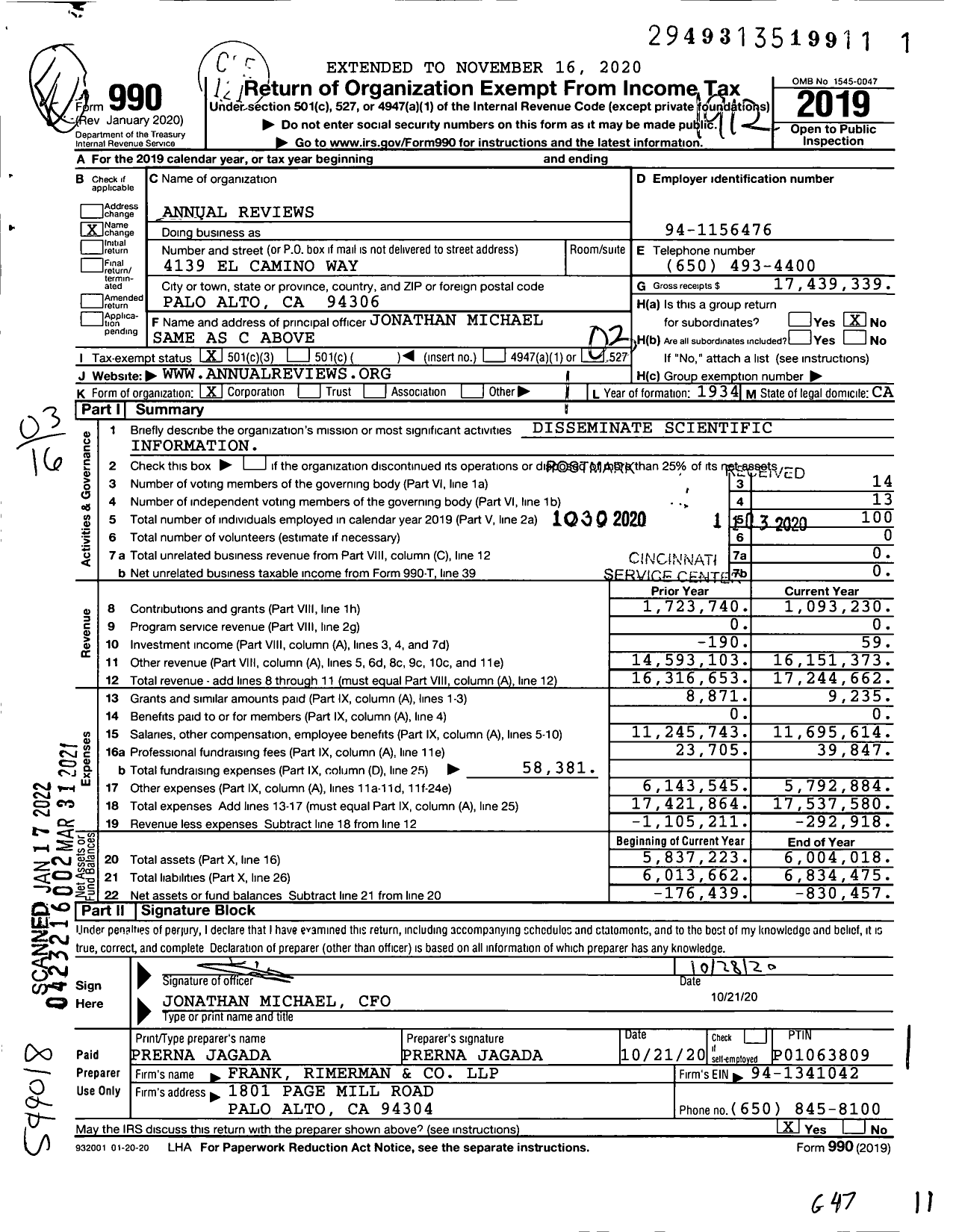 Image of first page of 2019 Form 990 for Annual Reviews