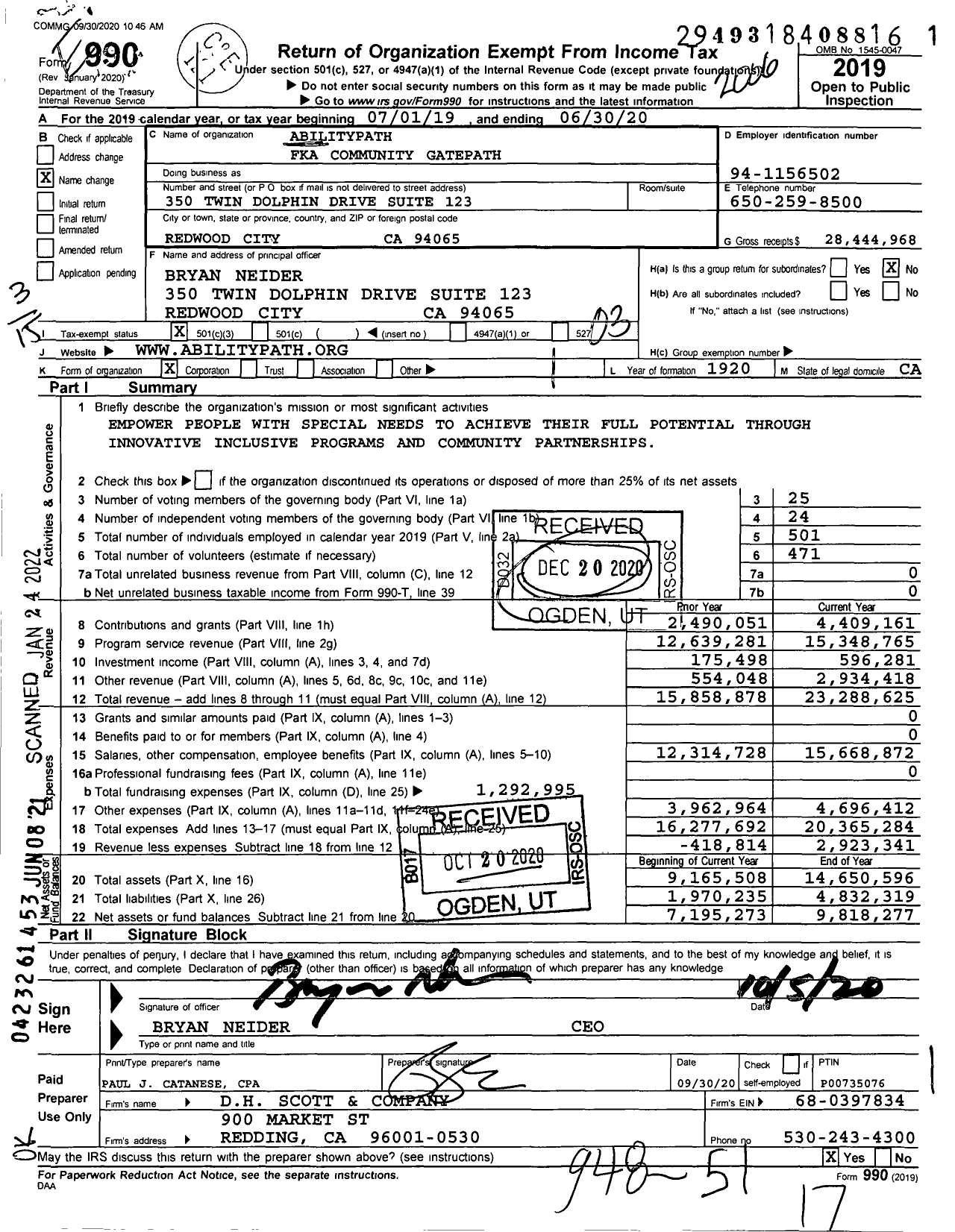 Image of first page of 2019 Form 990 for Abilitypath