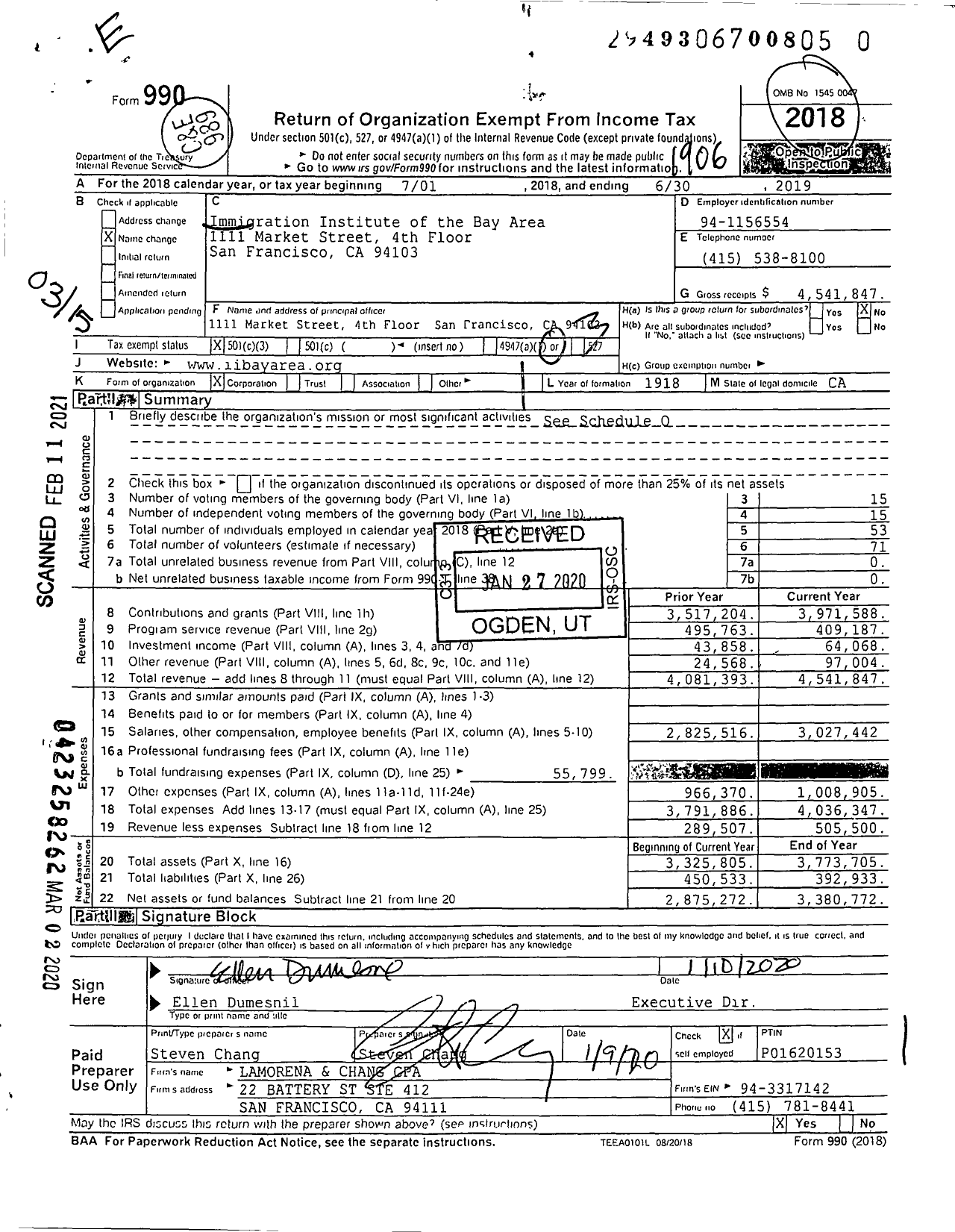 Image of first page of 2018 Form 990 for Immigration Institute of the Bay Area