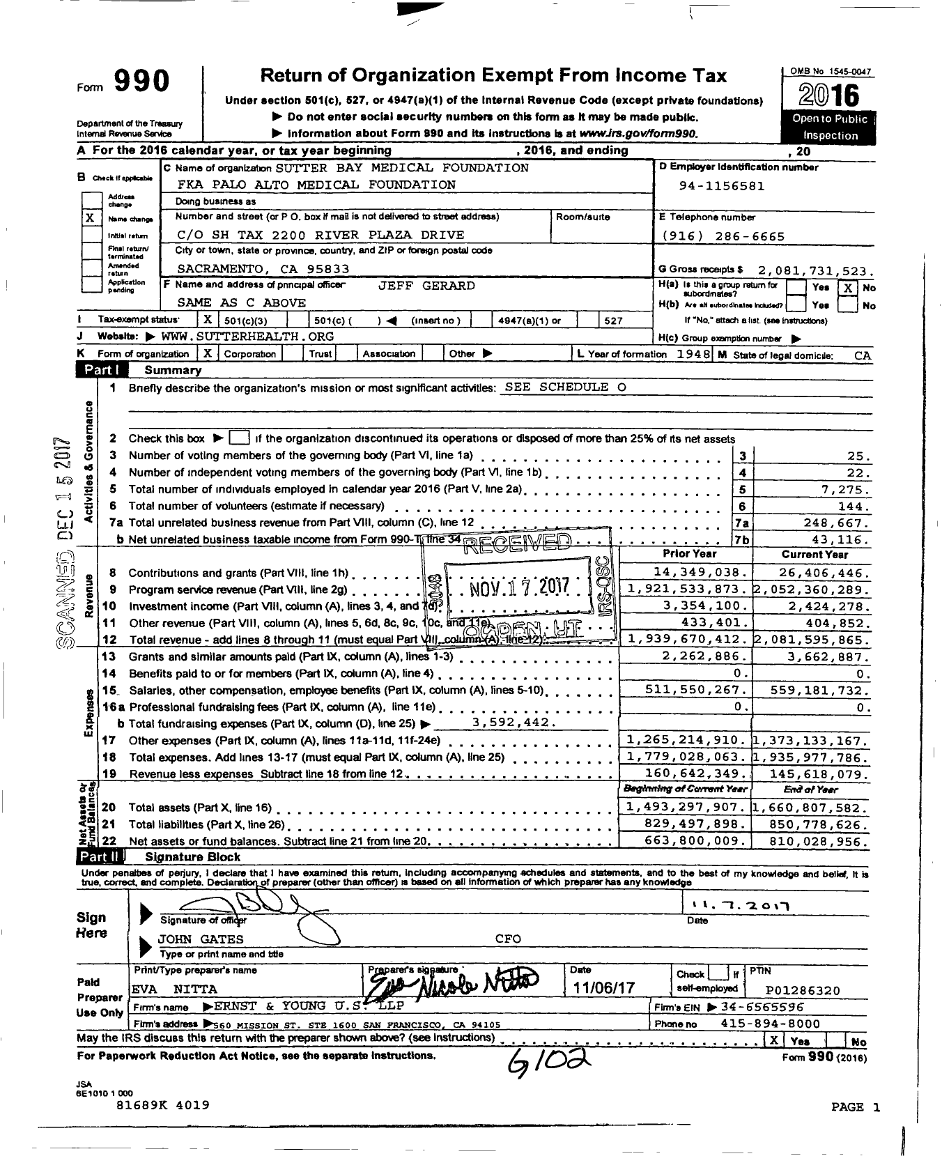 Image of first page of 2016 Form 990 for Sutter Bay Medical Foundation (PAMF)