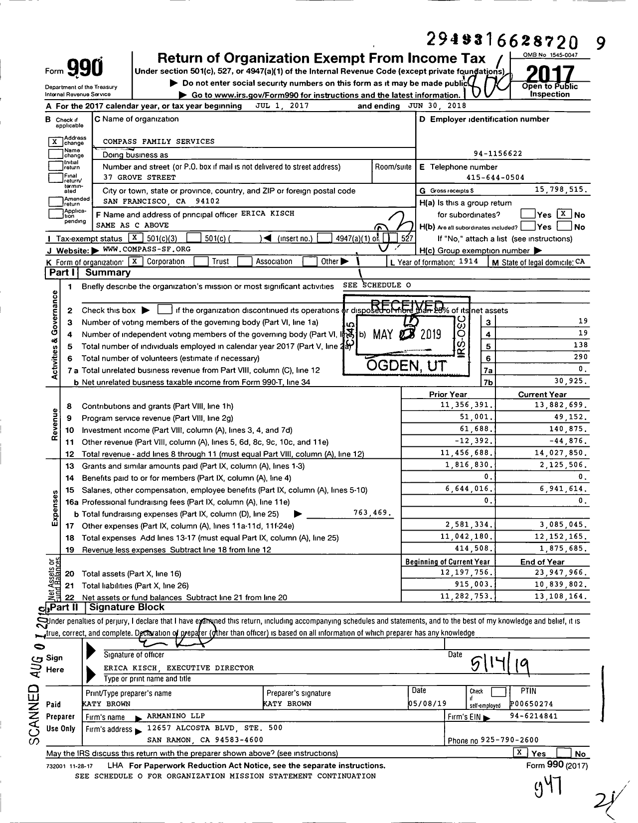 Image of first page of 2017 Form 990 for Compass Family Services