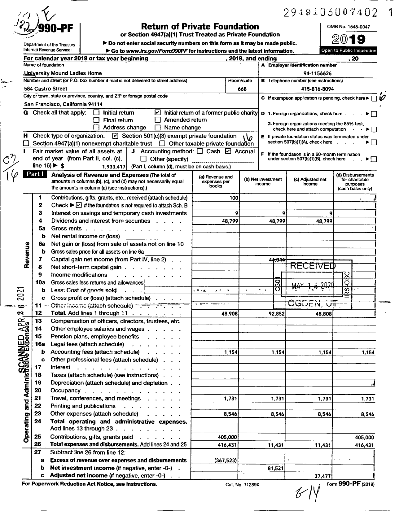 Image of first page of 2019 Form 990PF for University Mound Old Ladies Home