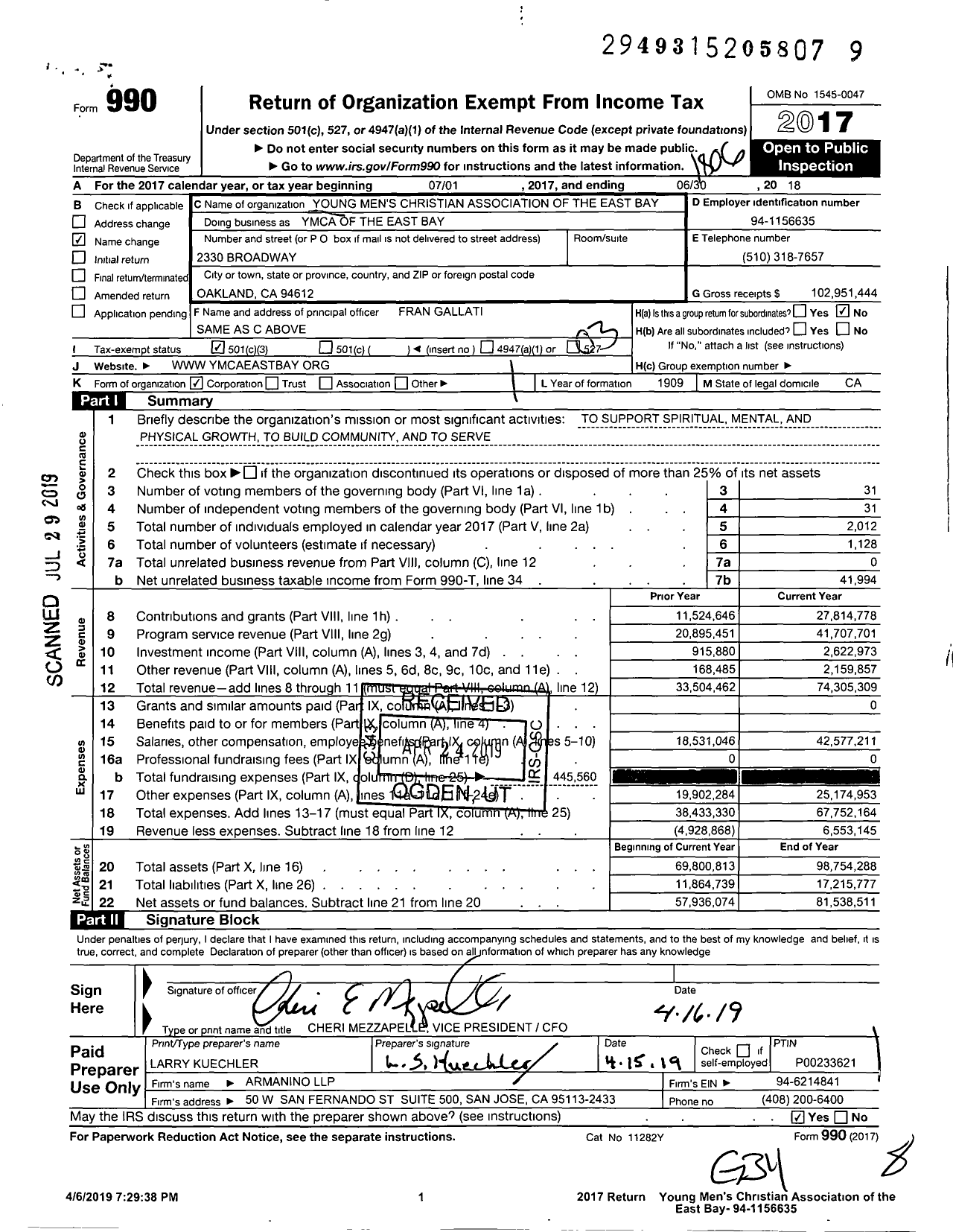 Image of first page of 2017 Form 990 for YMCA of the East Bay