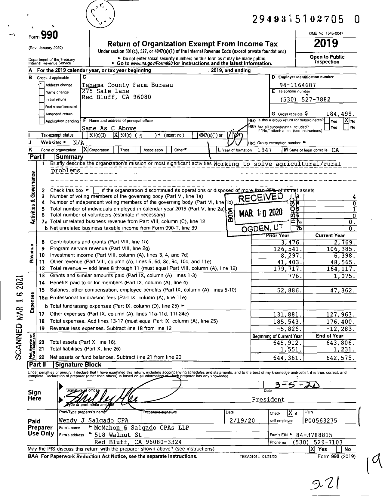 Image of first page of 2019 Form 990O for Tehama County Farm Bureau