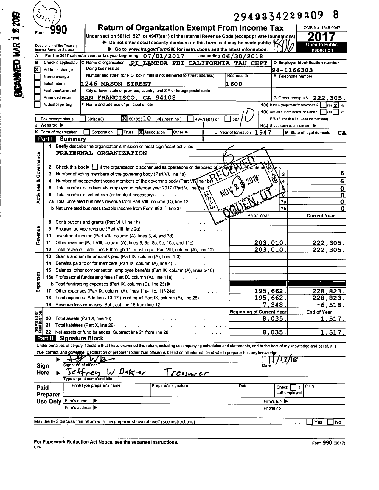 Image of first page of 2017 Form 990O for Pi Lambda Phi Fraternity - 21 California Tau Chapter