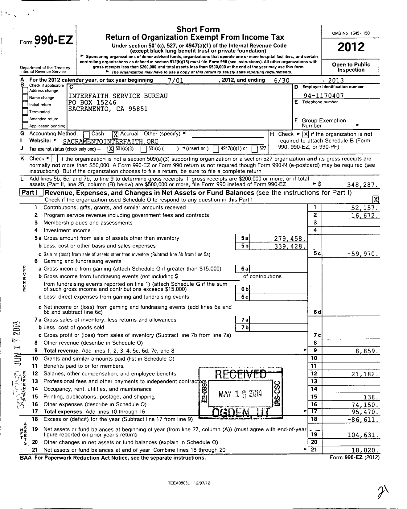 Image of first page of 2012 Form 990EZ for Interfaith Service Bureau