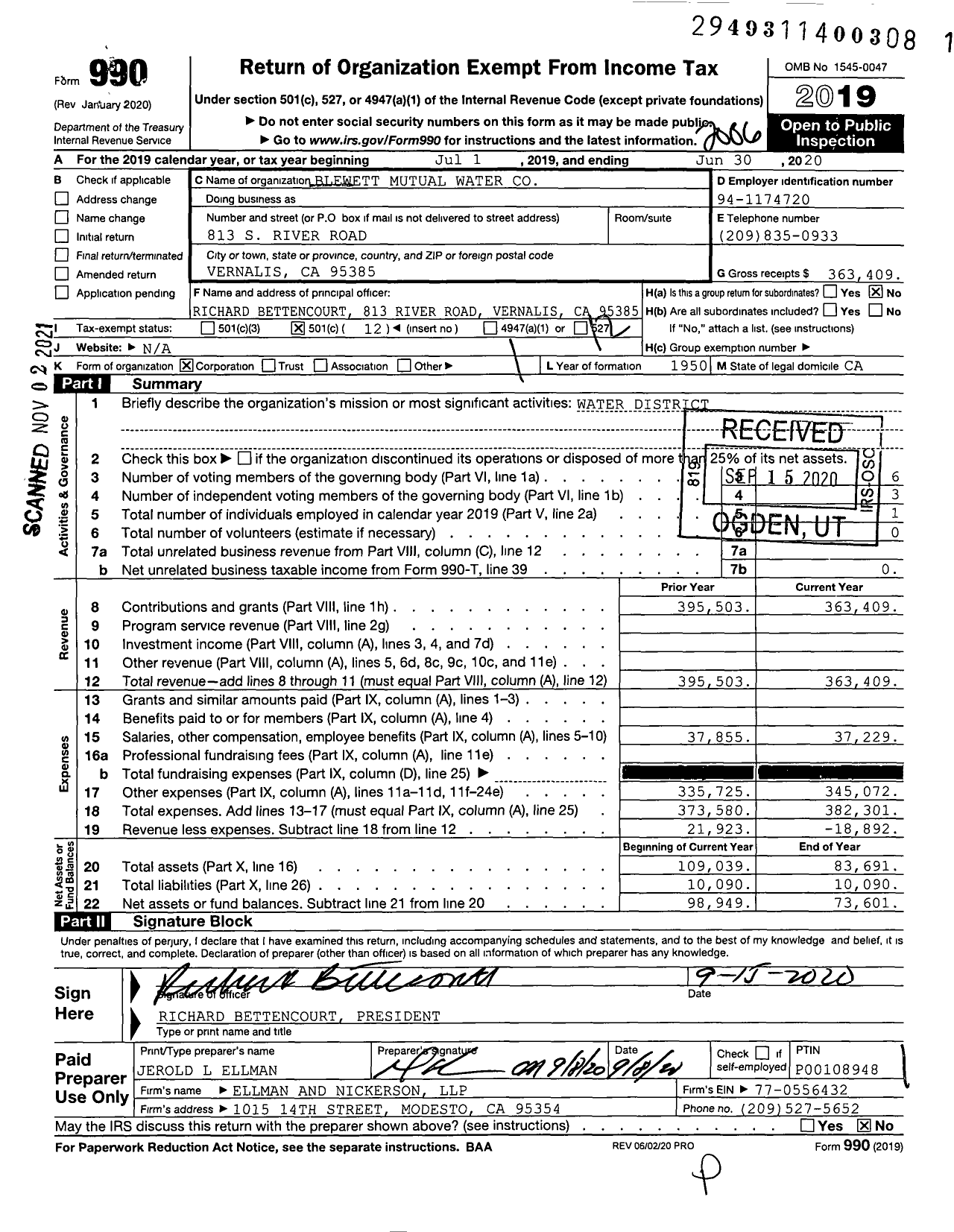 Image of first page of 2019 Form 990O for Blewett Mutual Water