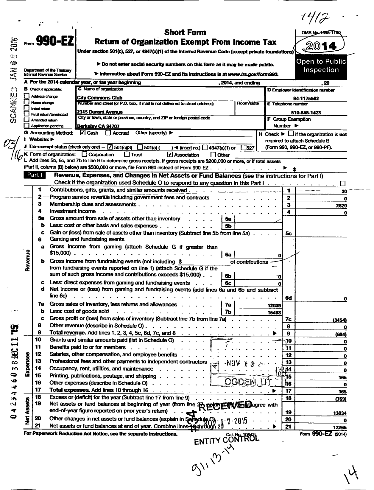 Image of first page of 2014 Form 990EZ for City Commons Club