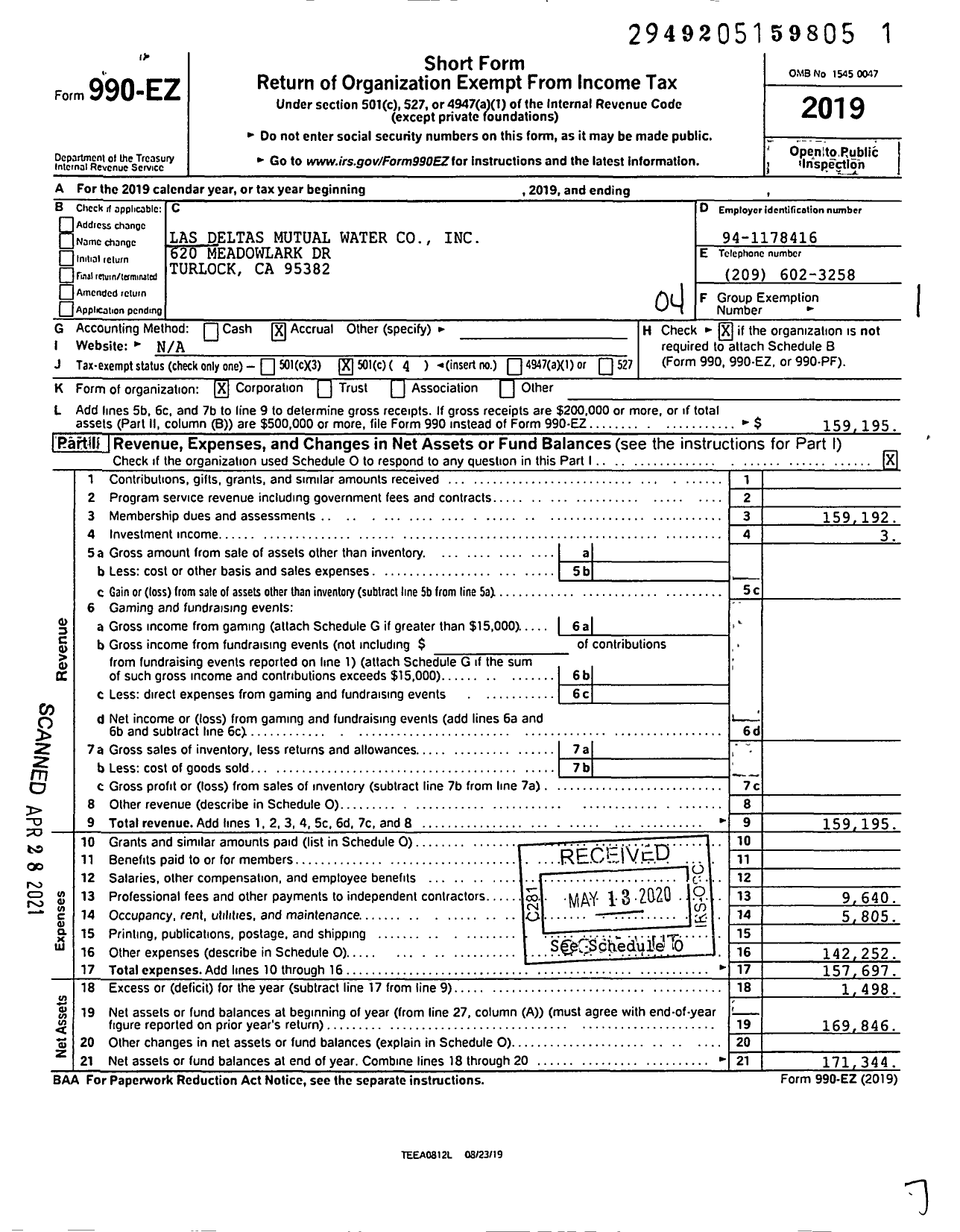 Image of first page of 2019 Form 990EO for Las Deltas Mutual Water