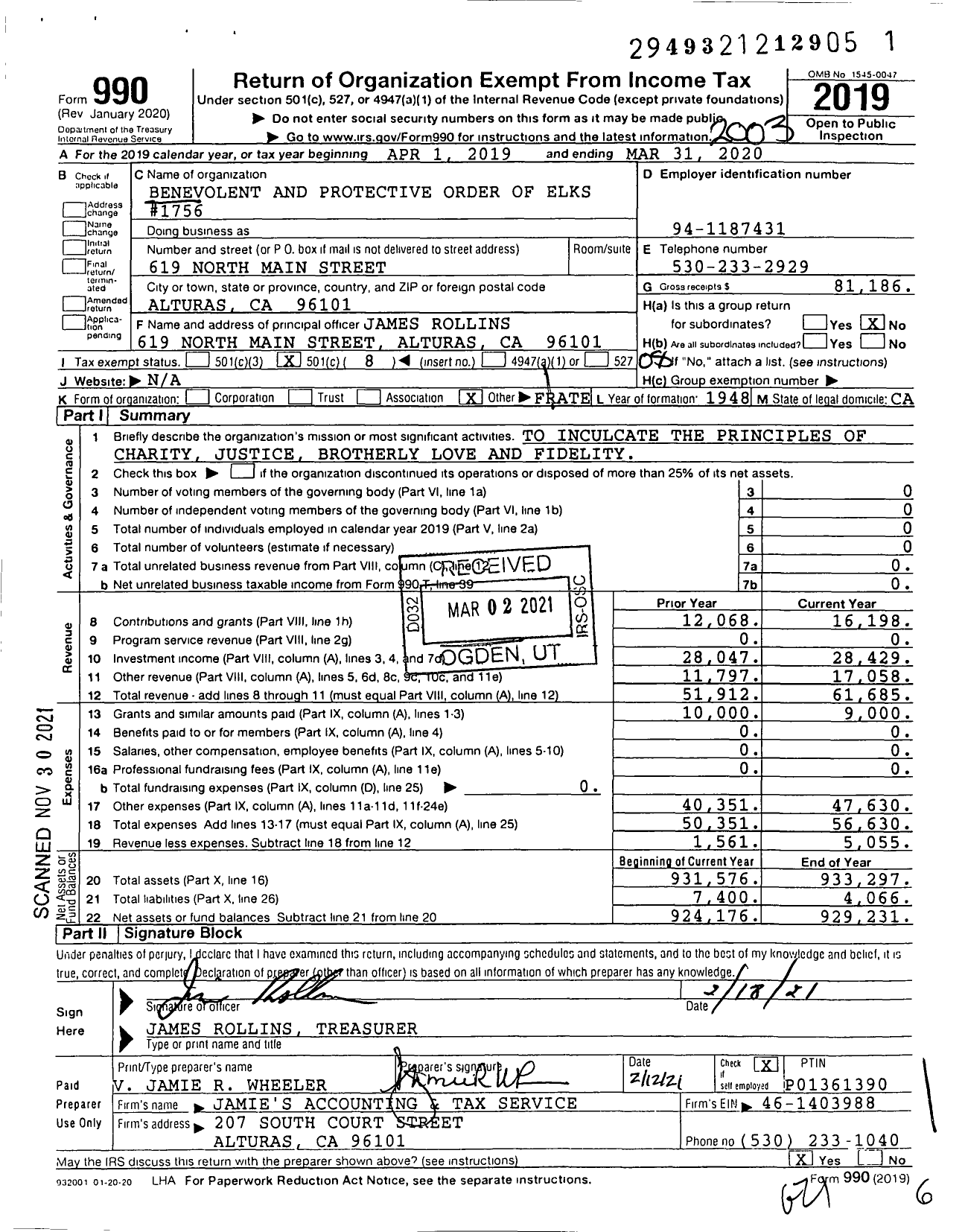 Image of first page of 2019 Form 990O for Benevolent and Protective Order of Elks - 1756 Alturas