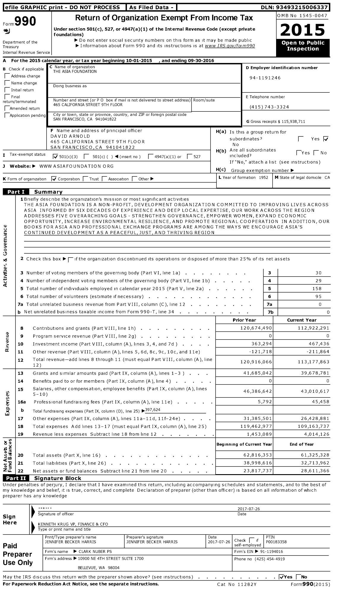 Image of first page of 2015 Form 990 for The Asia Foundation