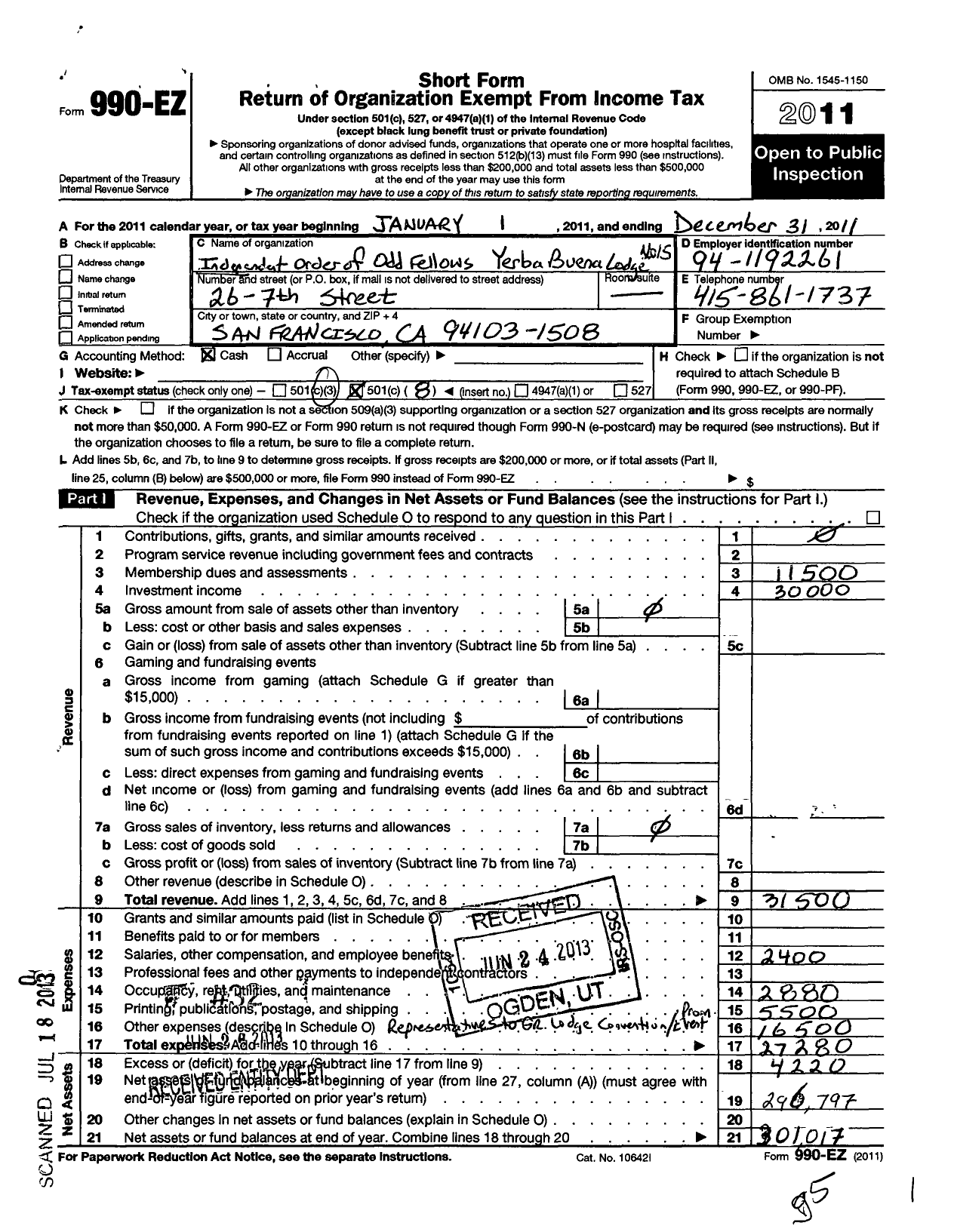 Image of first page of 2011 Form 990EO for Independent Order of Odd Fellows