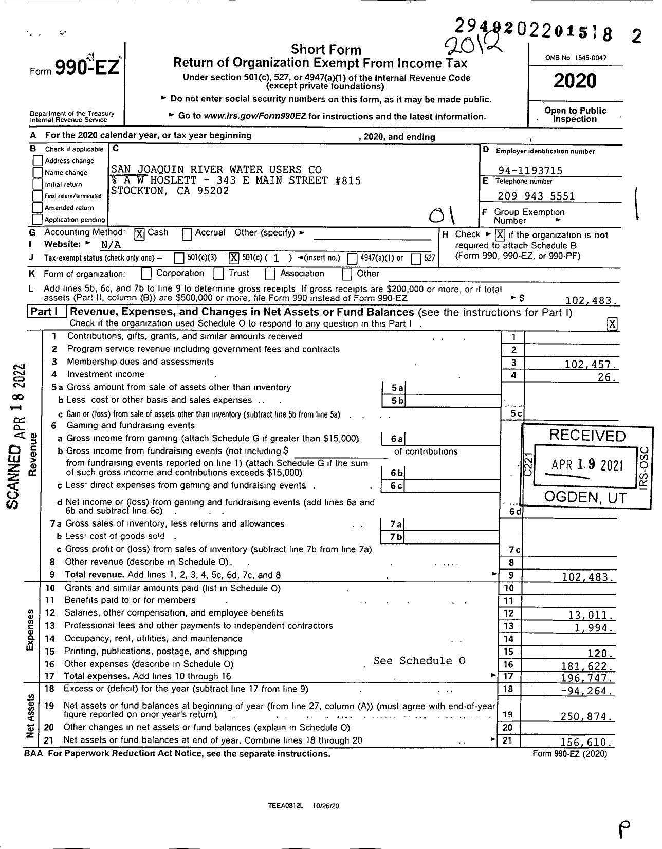 Image of first page of 2020 Form 990EO for San Joaquin River Water Users