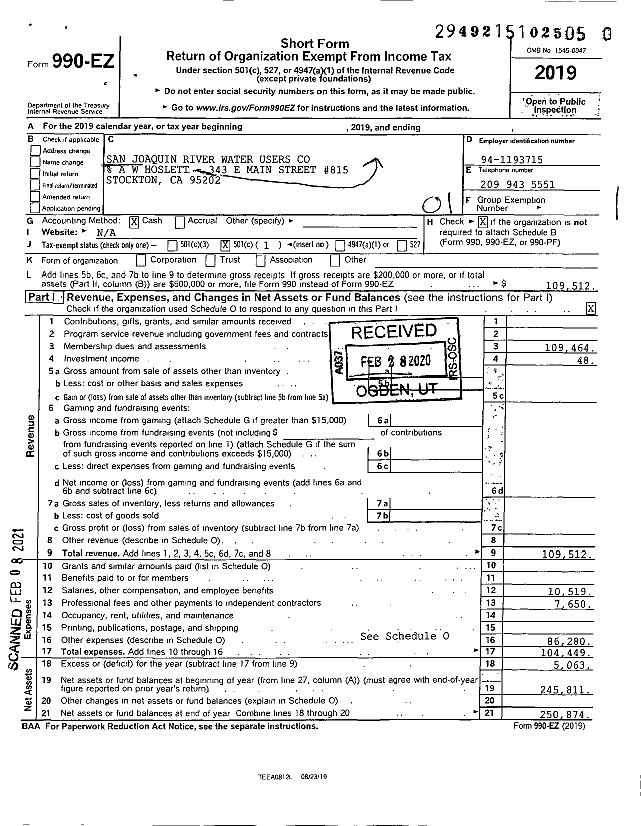 Image of first page of 2019 Form 990EO for San Joaquin River Water Users