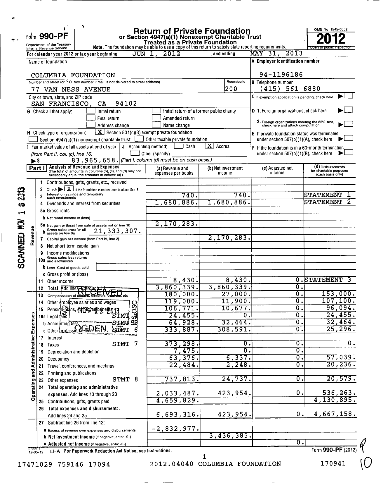 Image of first page of 2012 Form 990PF for Columbia Foundation