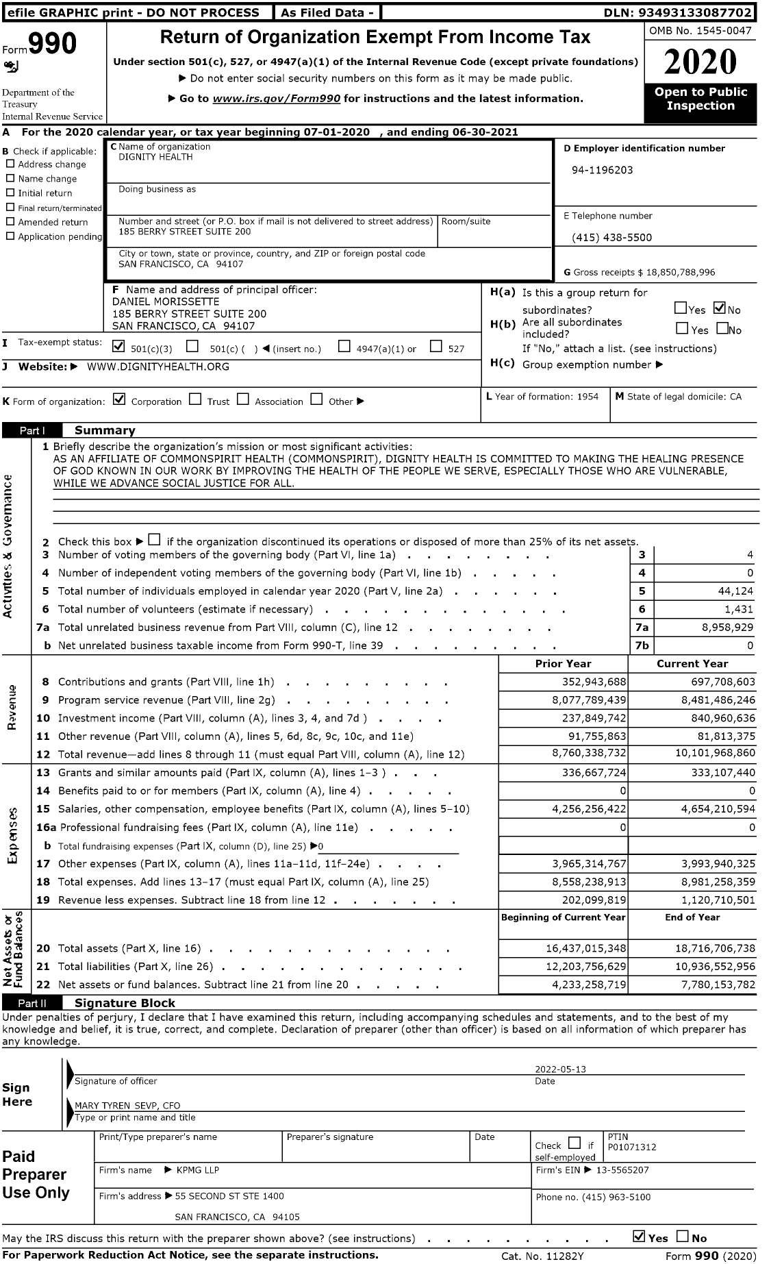 Image of first page of 2020 Form 990 for Dignity Health