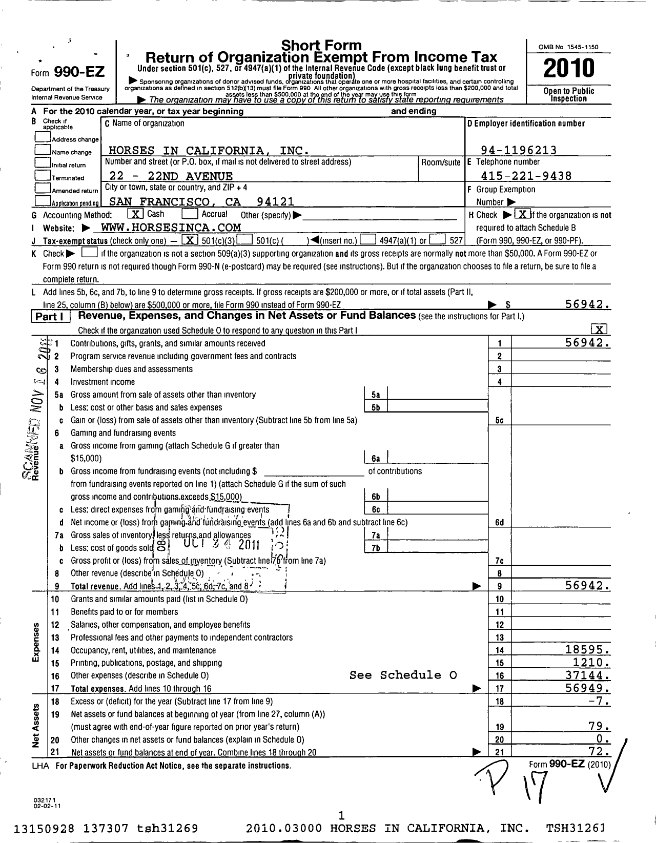 Image of first page of 2010 Form 990EZ for Horses in California