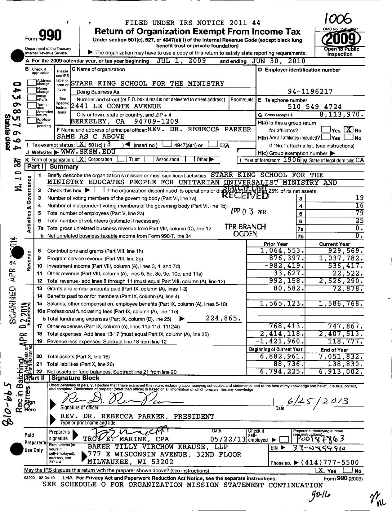 Image of first page of 2009 Form 990 for Starr King School for the Ministry