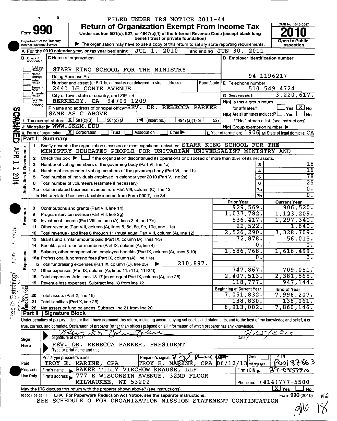 Image of first page of 2010 Form 990 for Starr King School for the Ministry