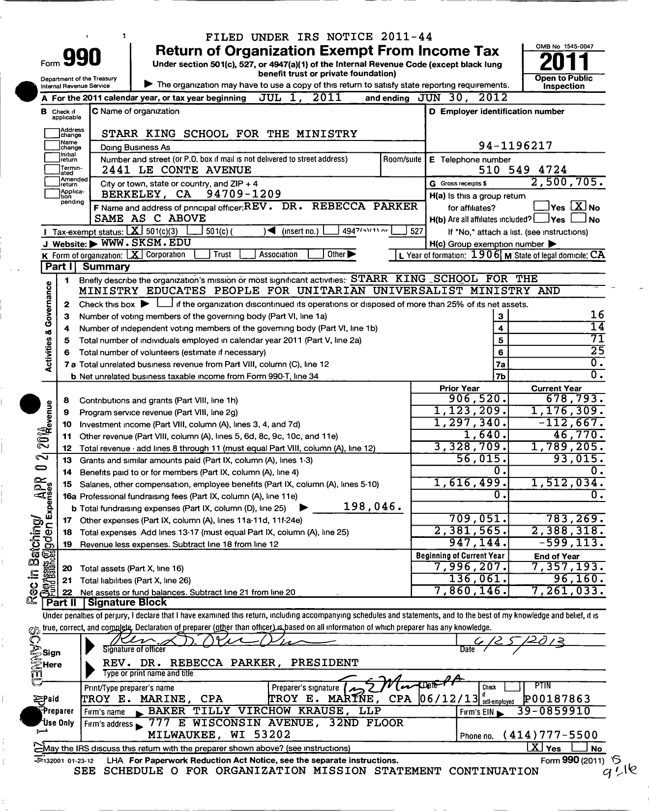 Image of first page of 2011 Form 990 for Starr King School for the Ministry
