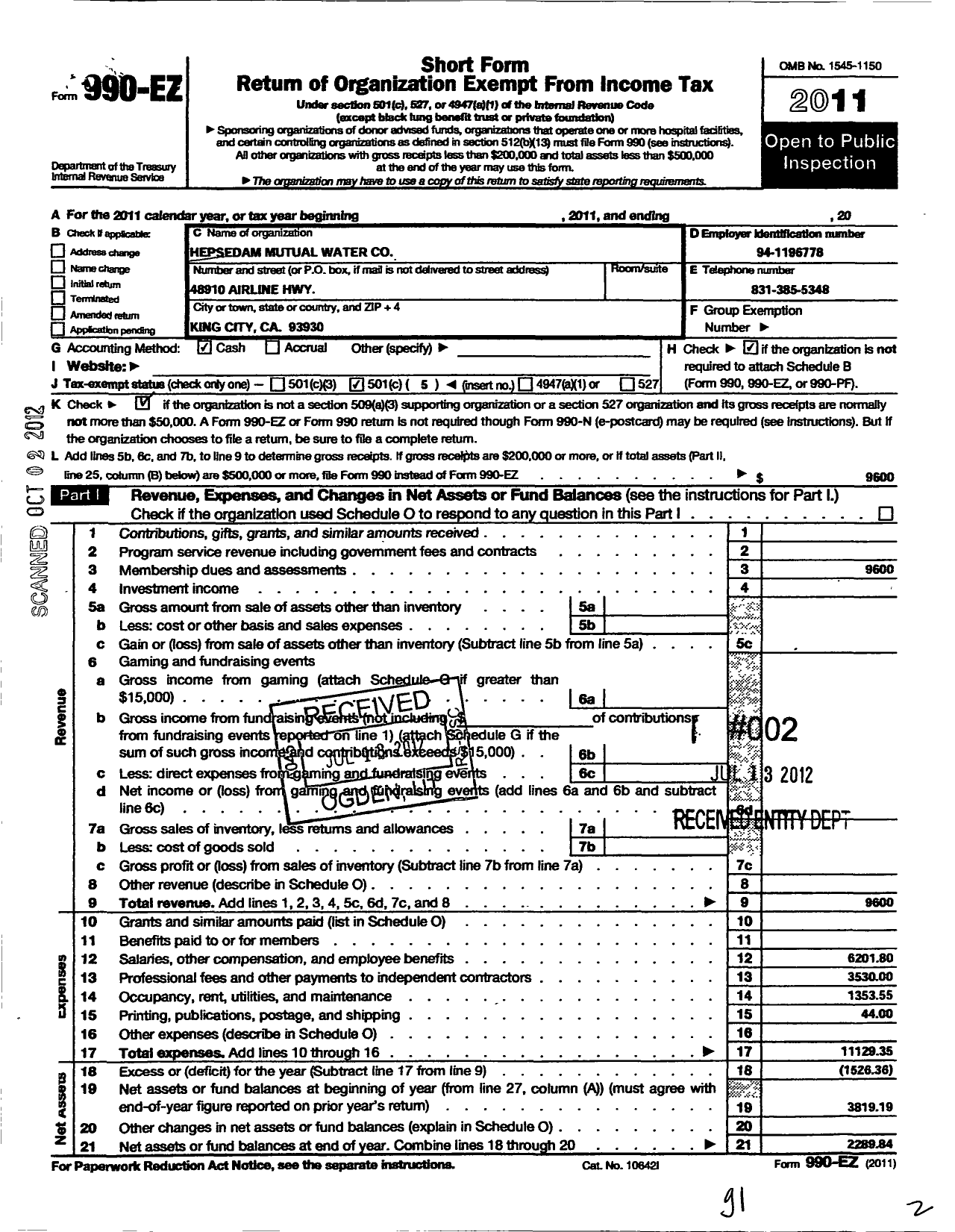 Image of first page of 2011 Form 990EO for Hepsedam Mutual Water