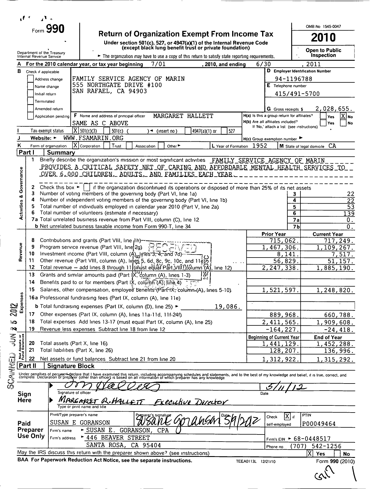 Image of first page of 2010 Form 990 for Family Service Agency of Marin