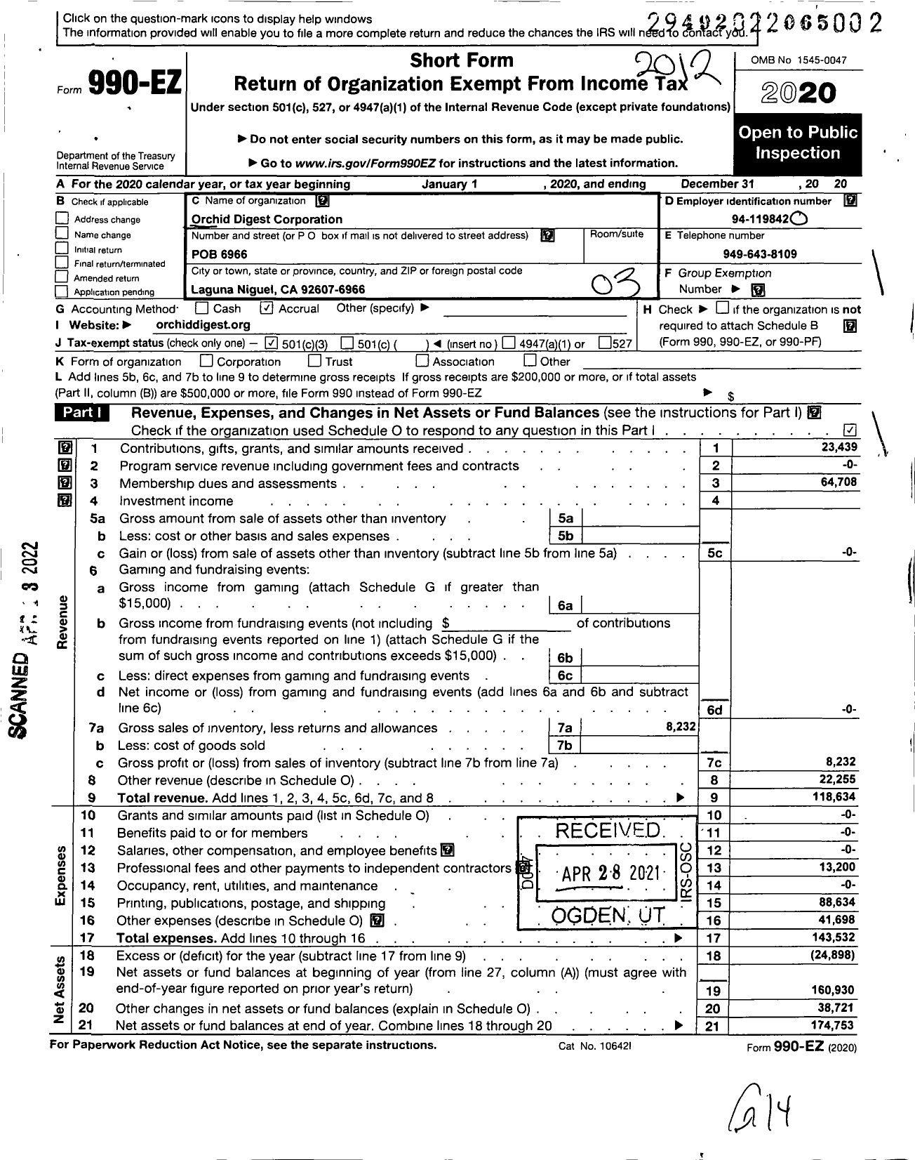 Image of first page of 2020 Form 990EZ for Orchid Digest Corporation