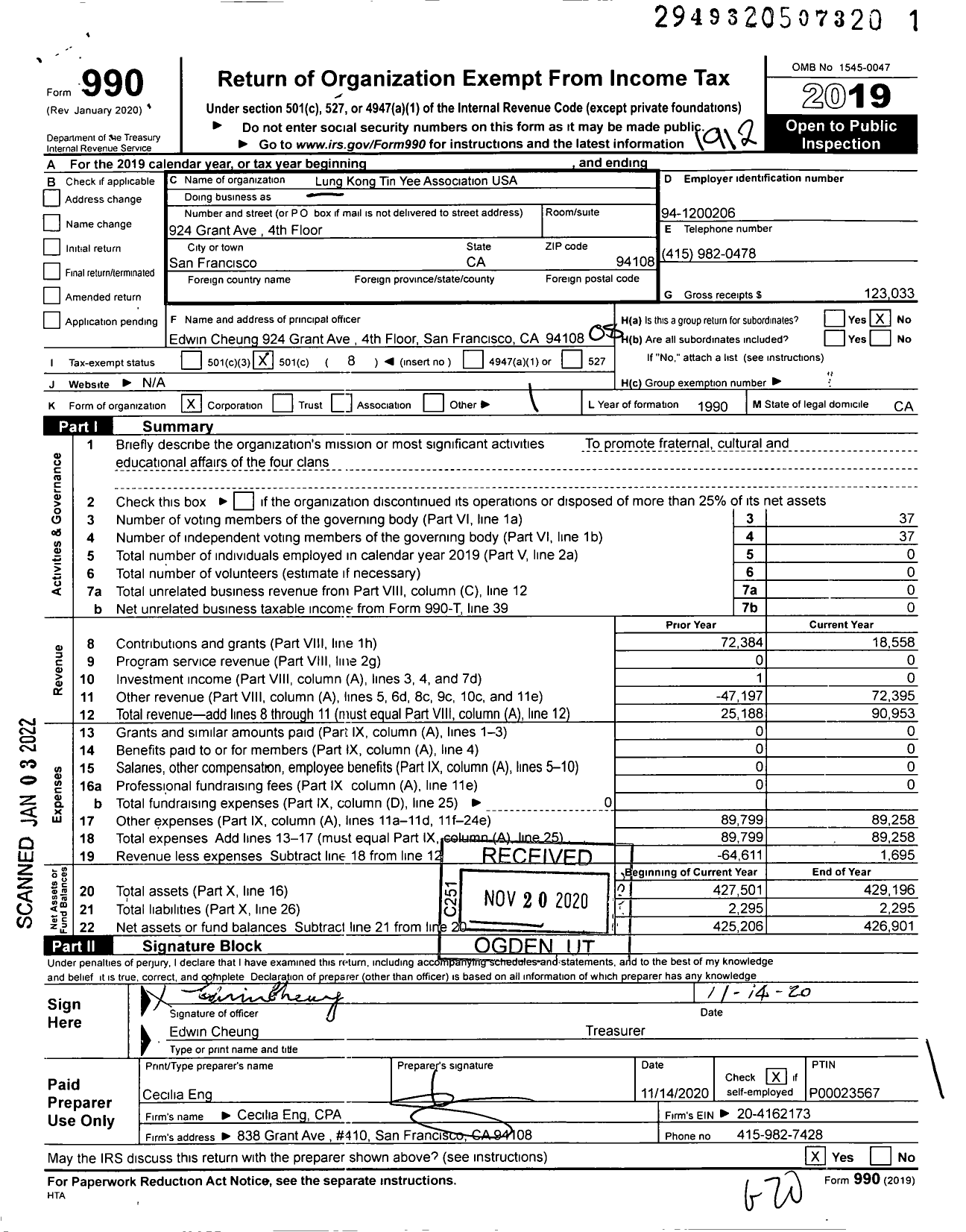 Image of first page of 2019 Form 990O for Lung Kong Tin Yee Association USA