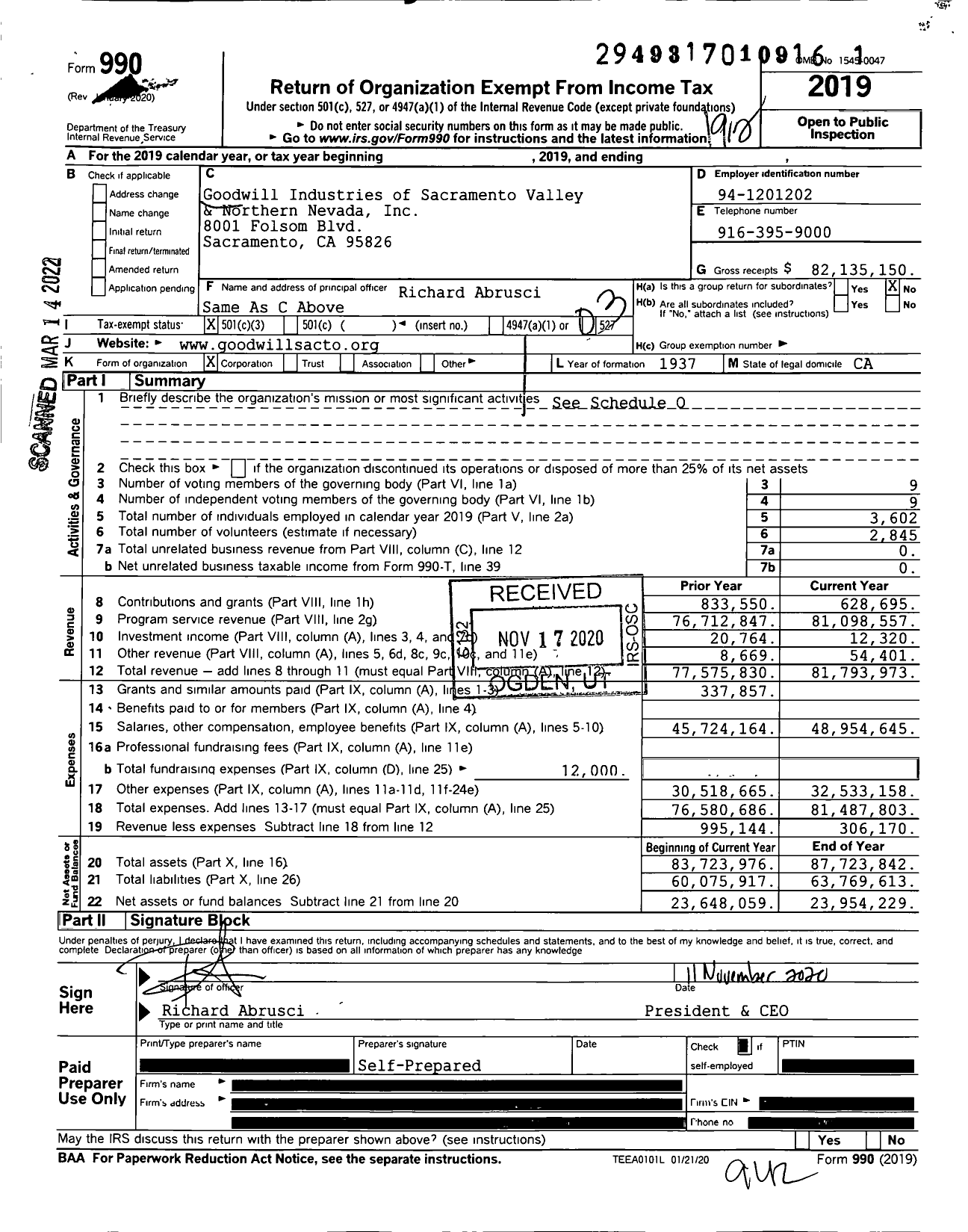 Image of first page of 2019 Form 990 for Goodwill Industries Sacramento Valley and Northern Nevada
