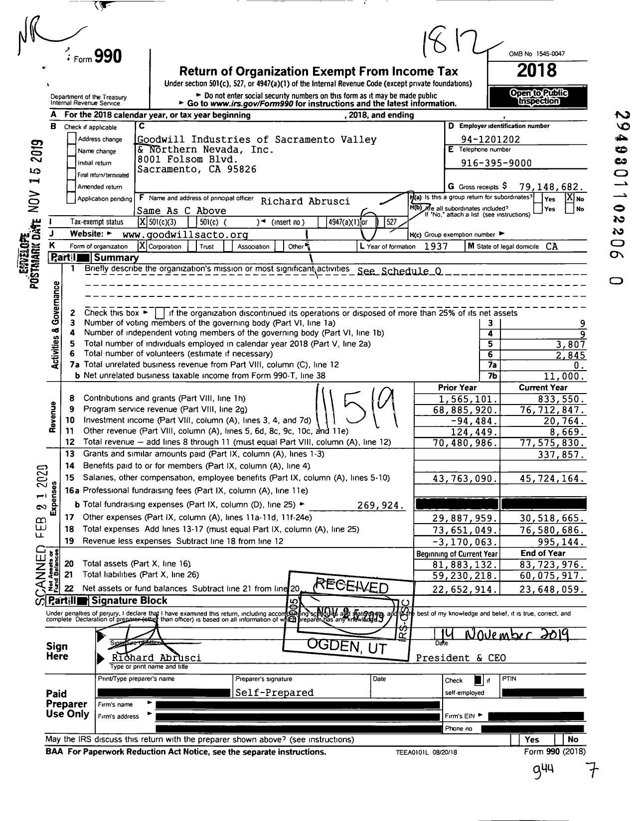 Image of first page of 2018 Form 990 for Goodwill Industries Sacramento Valley and Northern Nevada
