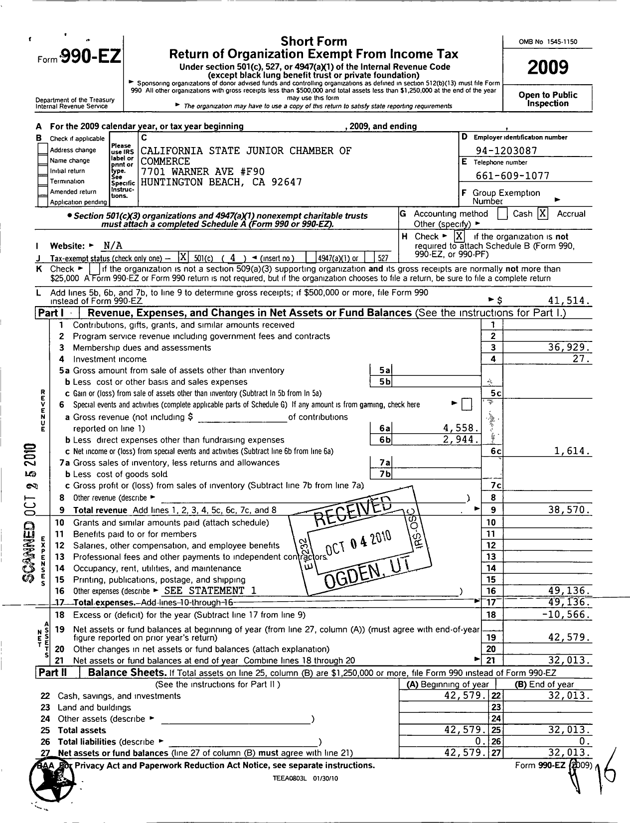 Image of first page of 2009 Form 990EO for United States Junior Chamber of Commerce / California State JR Chamber of Comm