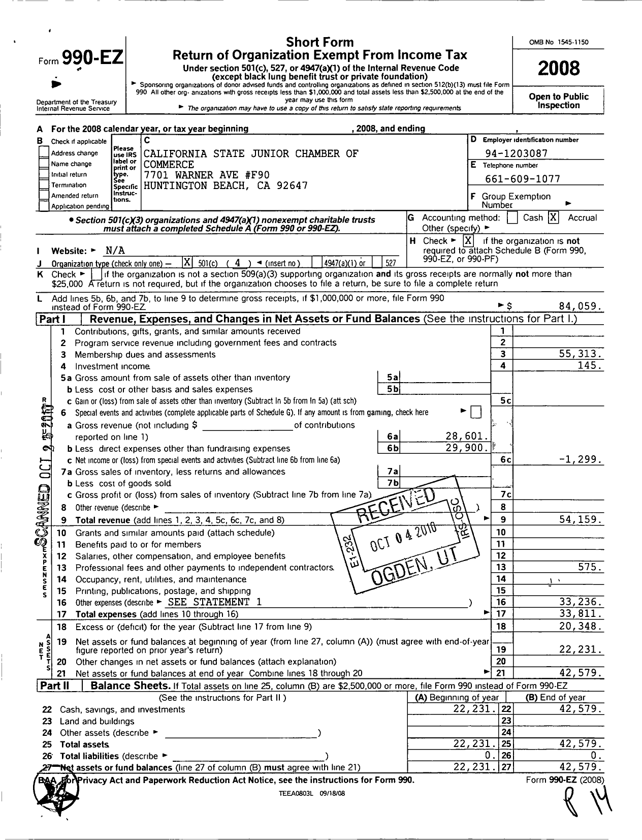 Image of first page of 2008 Form 990EO for United States Junior Chamber of Commerce / California State JR Chamber of Comm