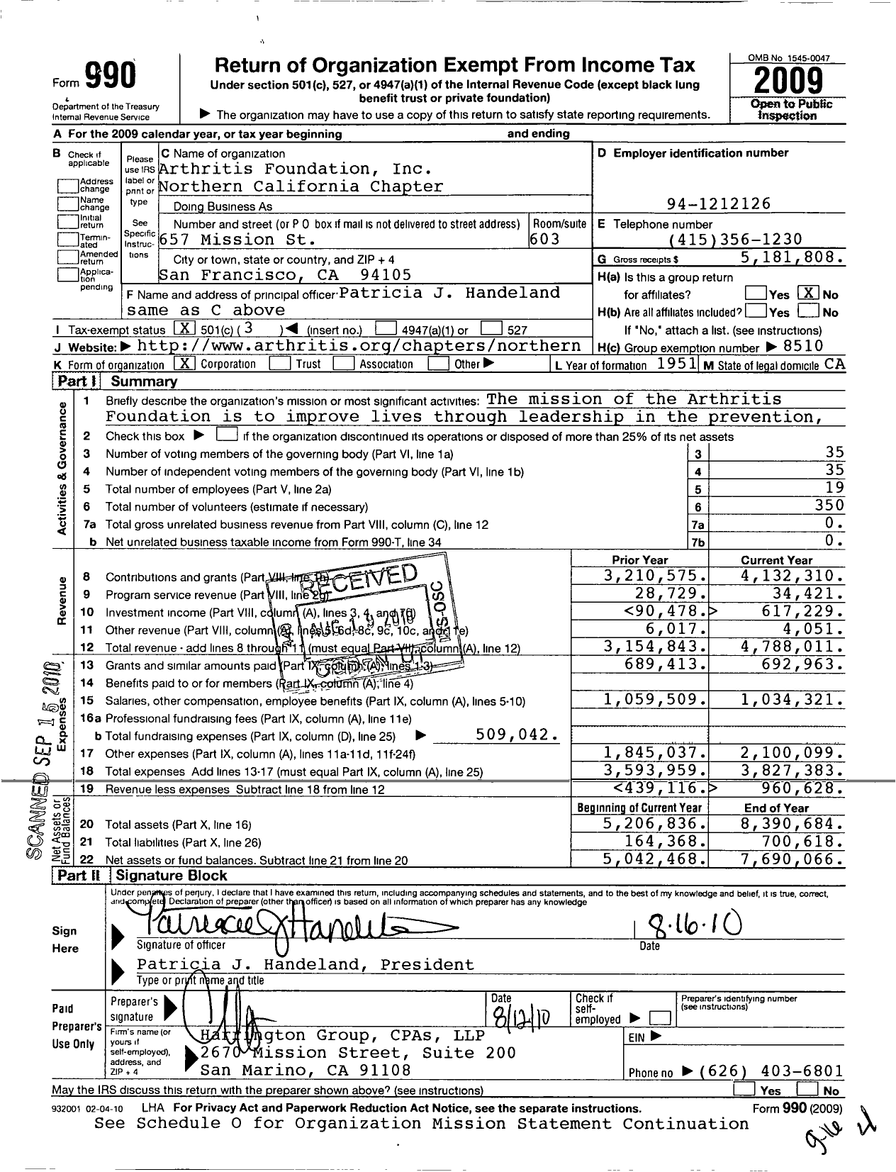 Image of first page of 2009 Form 990 for Arthritis Foundation Northern California Chapter