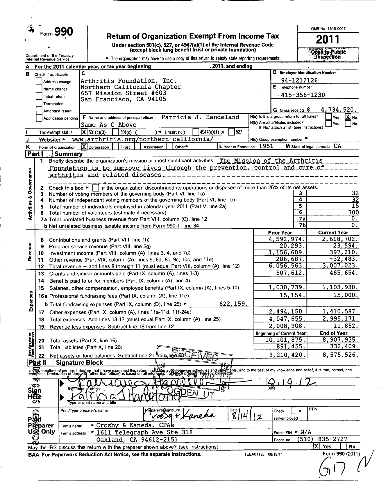 Image of first page of 2011 Form 990 for Arthritis Foundation Northern California Chapter