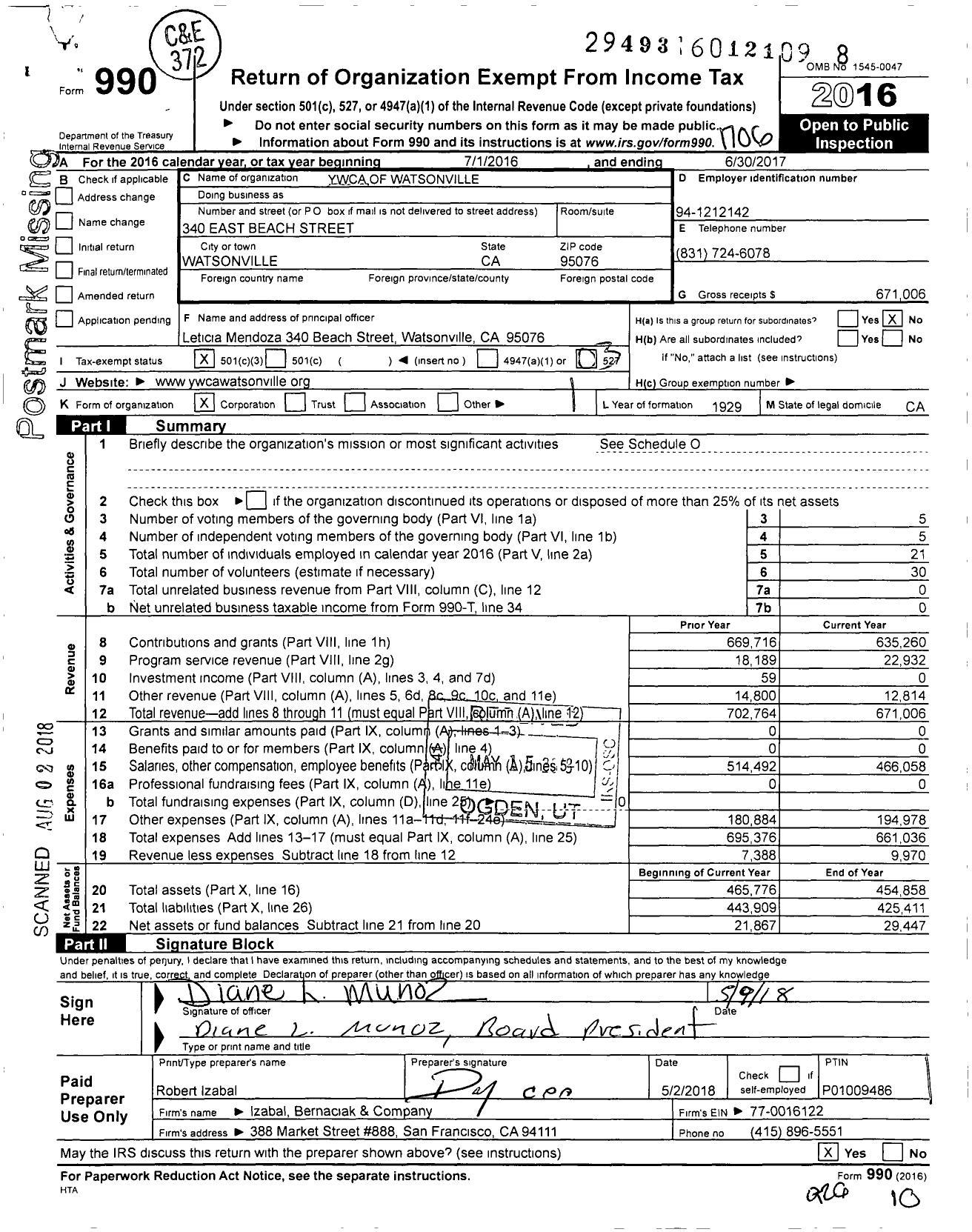 Image of first page of 2016 Form 990 for Ywca of Watsonville